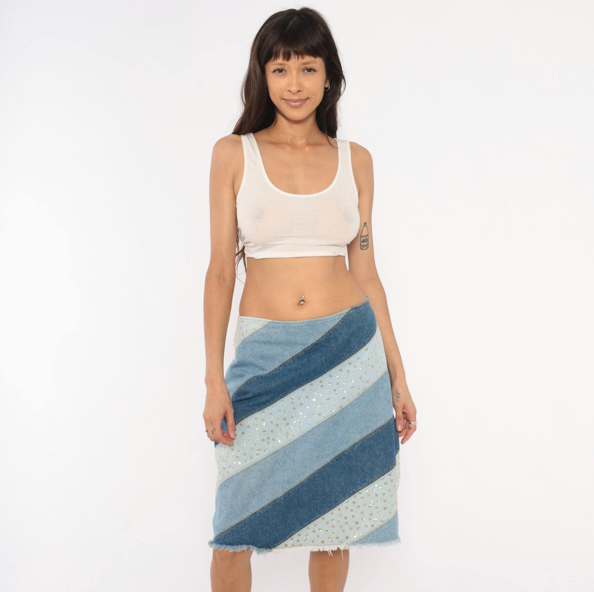 Y2K Avenue Blues Patchwork Denim Skirt Sequin Embellished Knee Length Extra Large