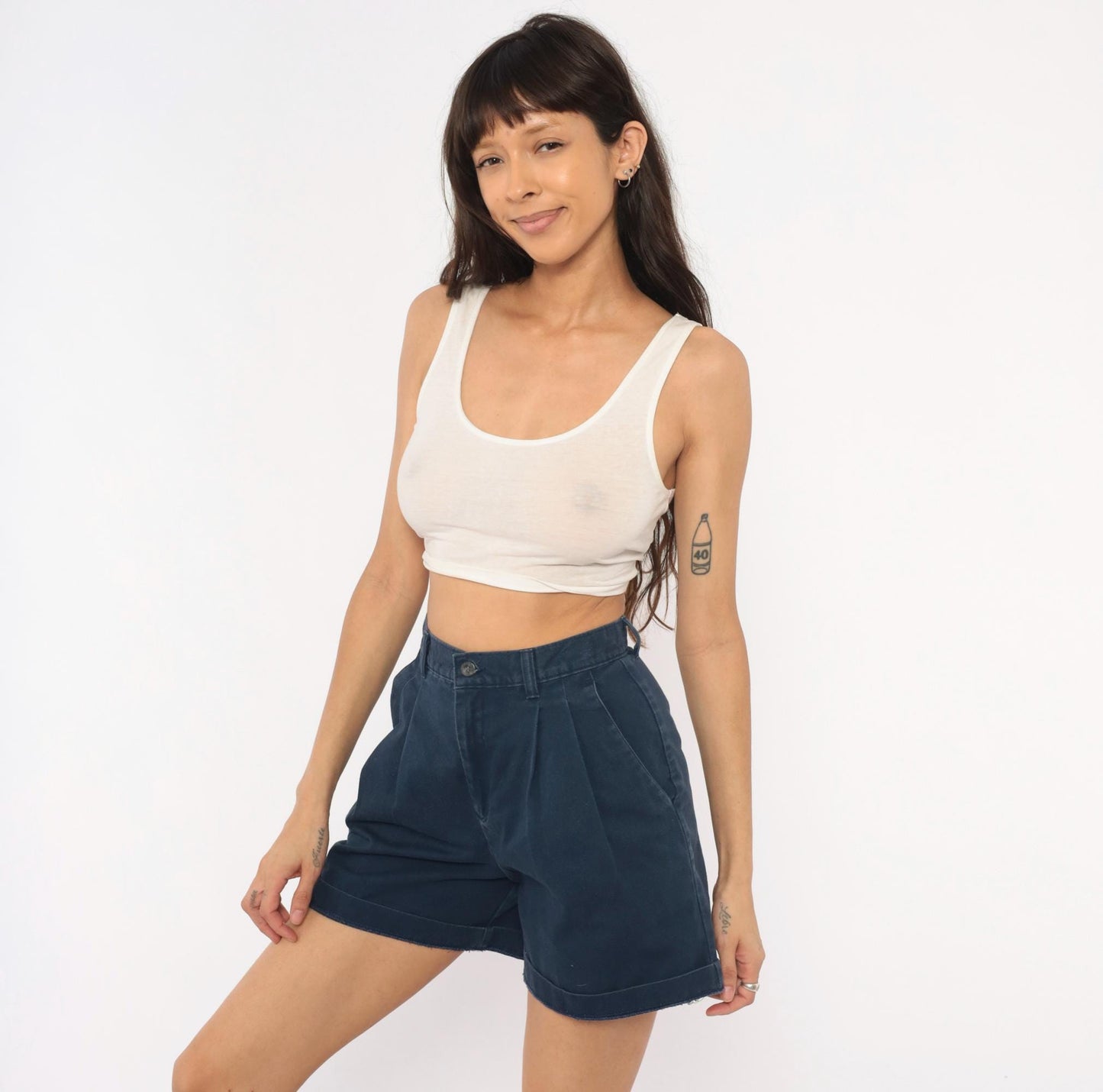 90s Lee Casuals Navy Pleated High-Waisted Shorts Cotton Cuffed Small