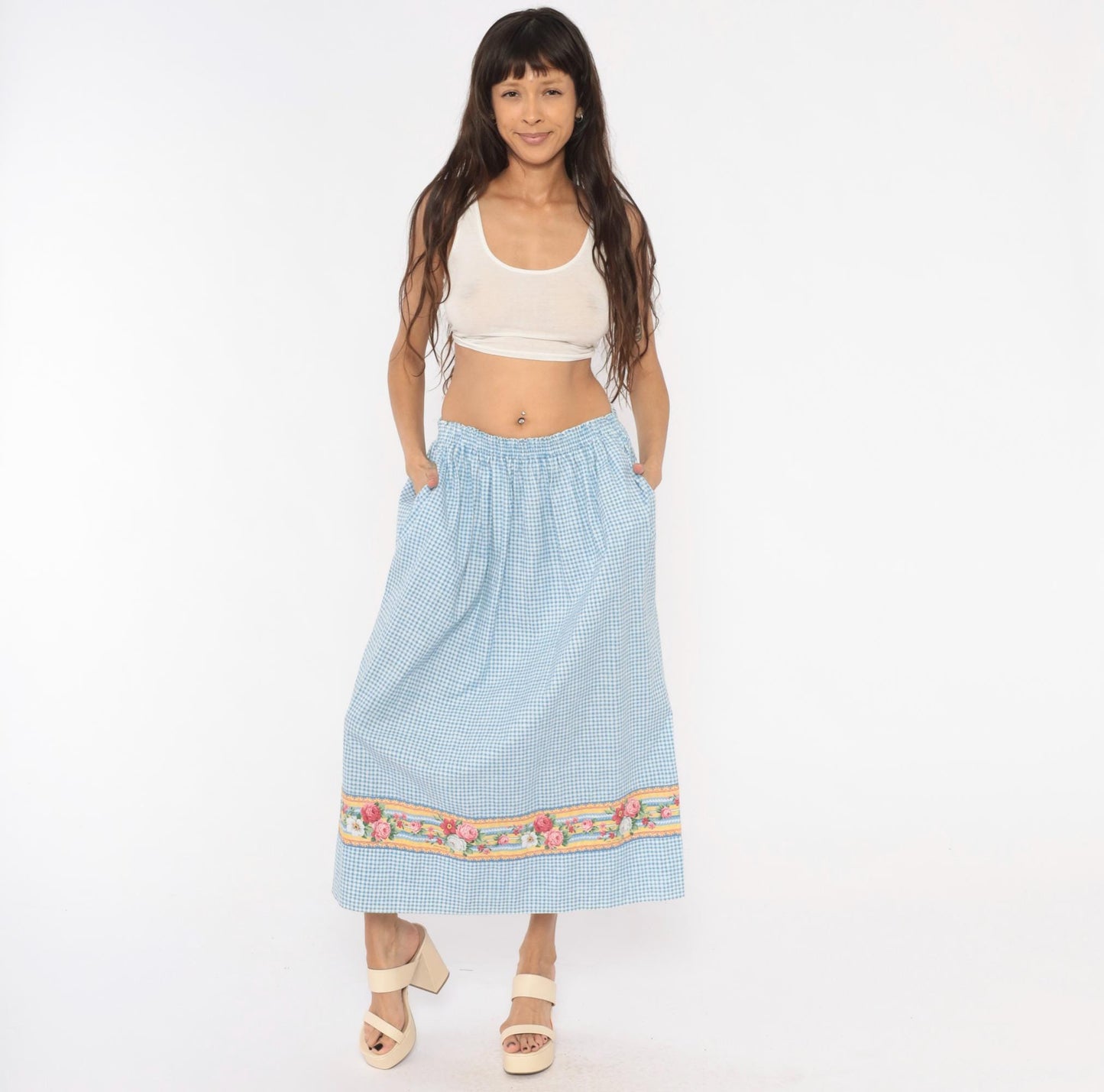 80s Vera Bradley Gingham Cotton Maxi Skirt Blue White Floral Border Small Medium
