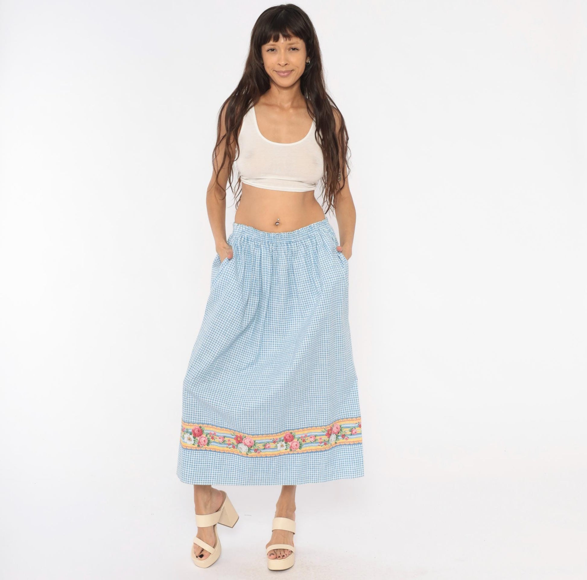 80s Vera Bradley Gingham Cotton Maxi Skirt Blue White Floral Border Small Medium