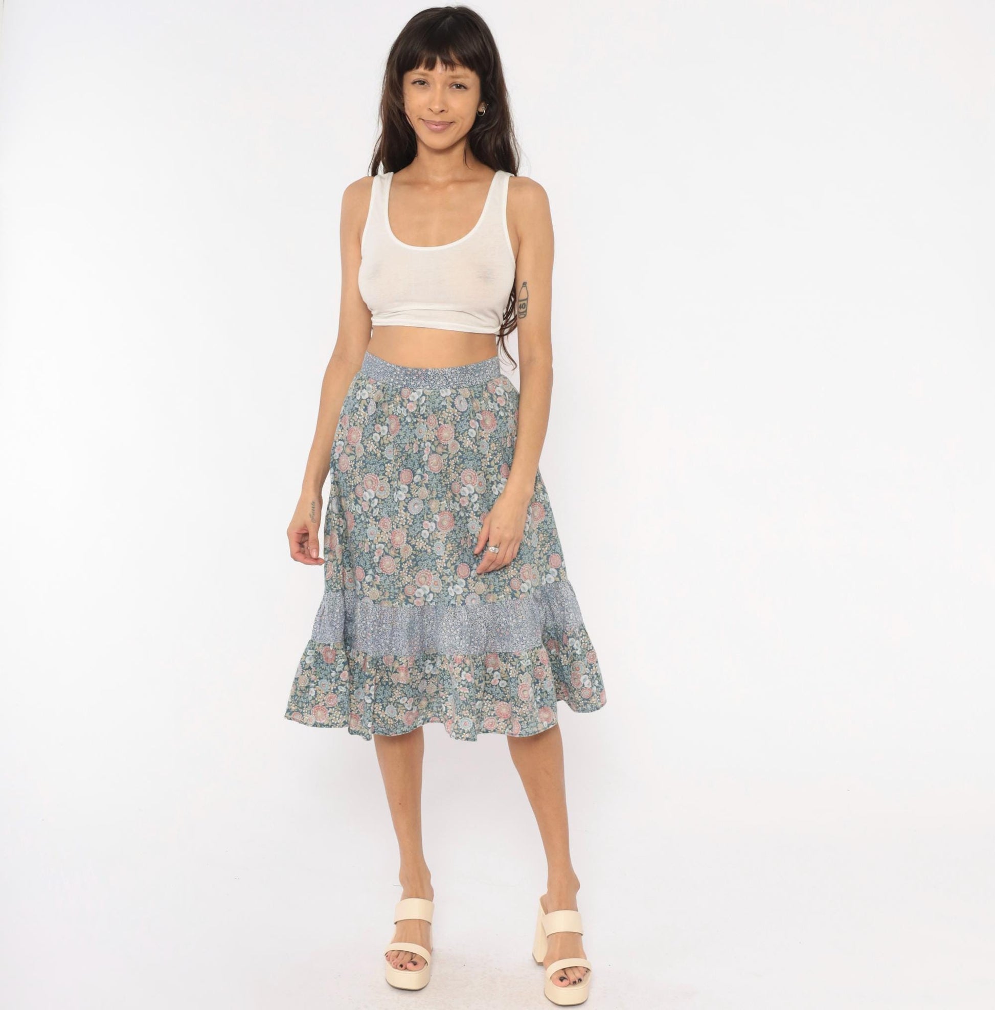 70s Floral Prairie Skirt Cotton Tiered Ruffle Dusty Blue Pink Extra Small XS