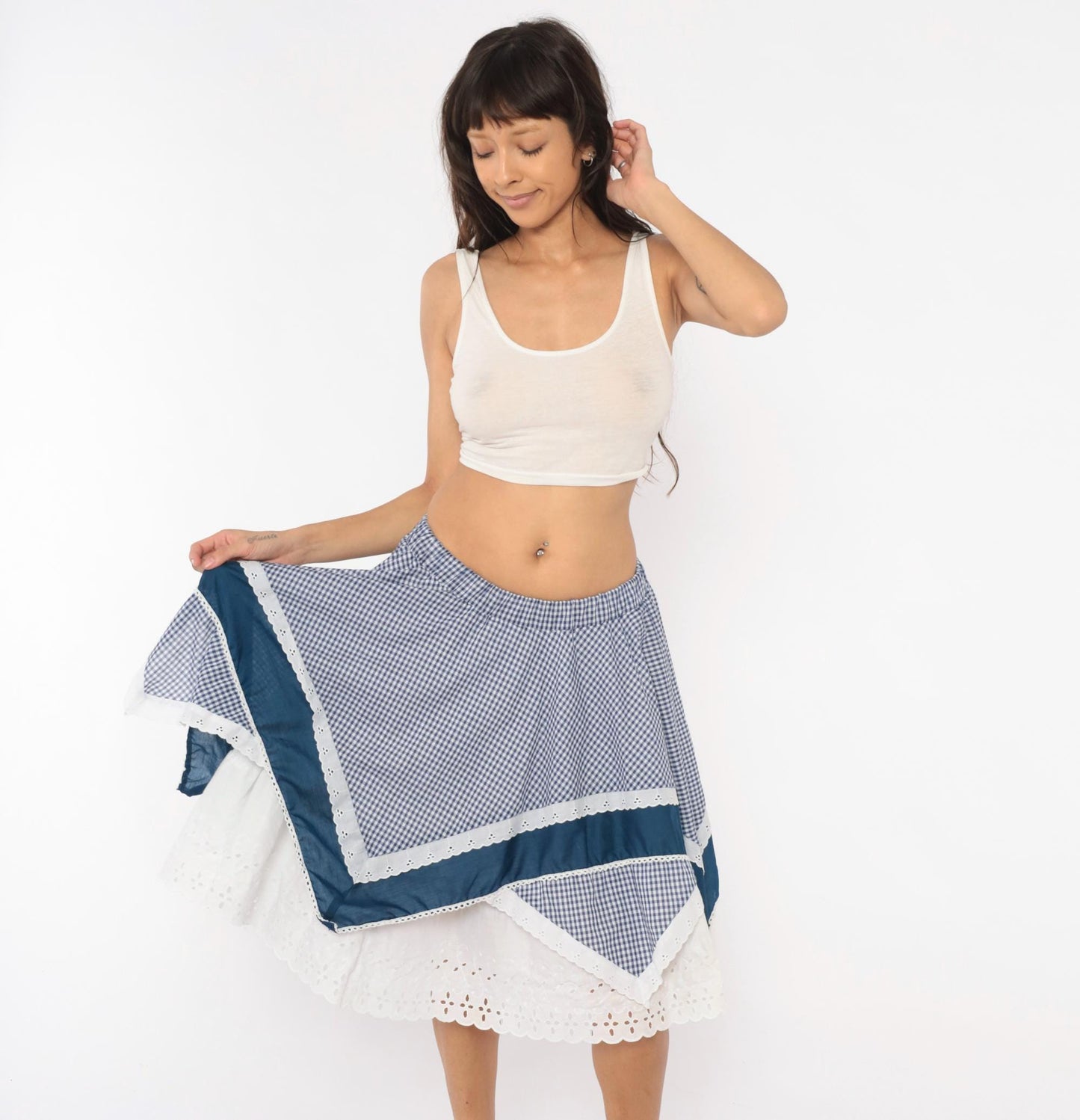 80s Jeri Bee Gingham Circle Skirt Blue White Eyelet Lace Trim Small