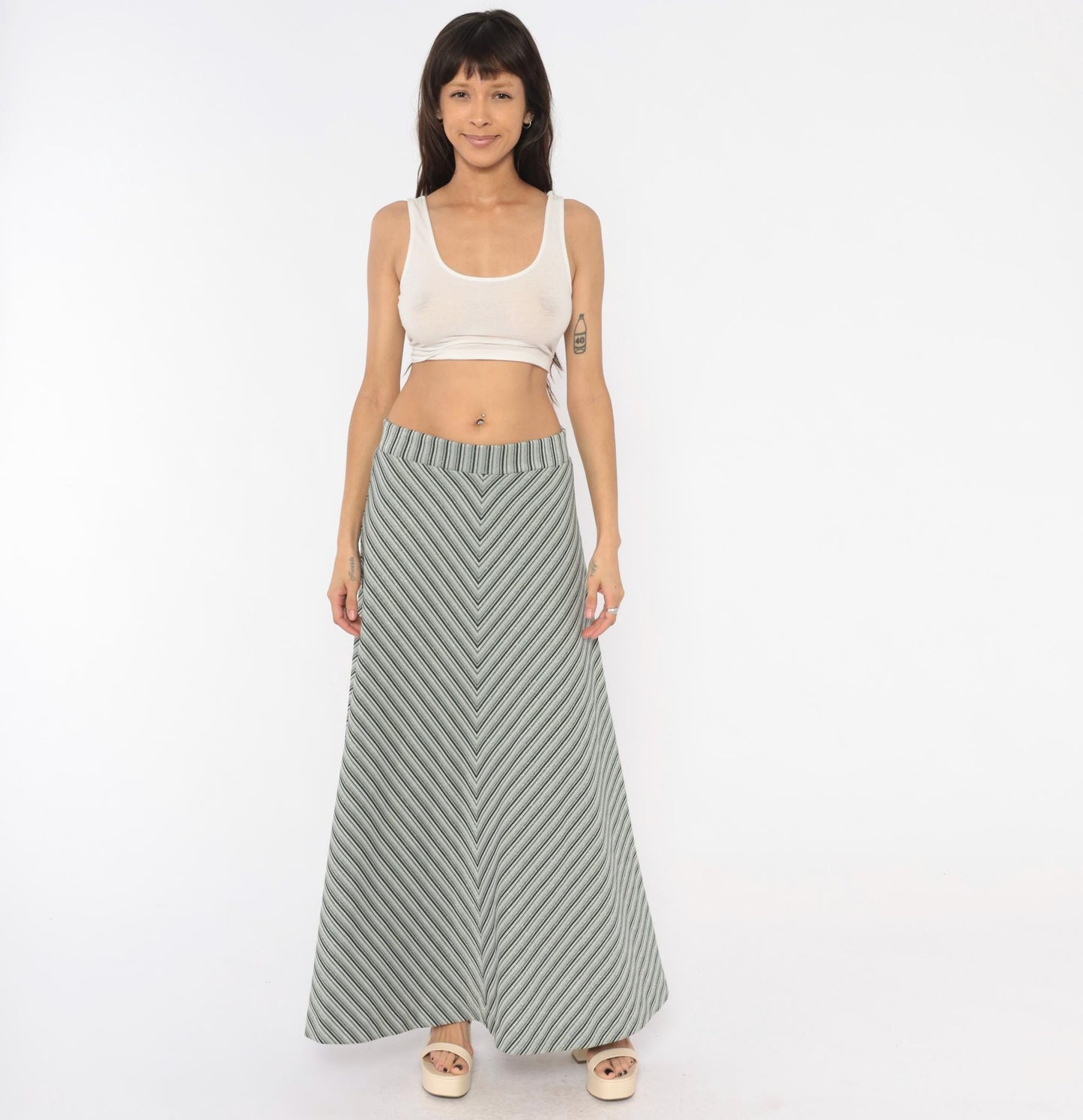 70s Grey Black Chevron Striped Maxi Skirt Herringbone A-Line Medium
