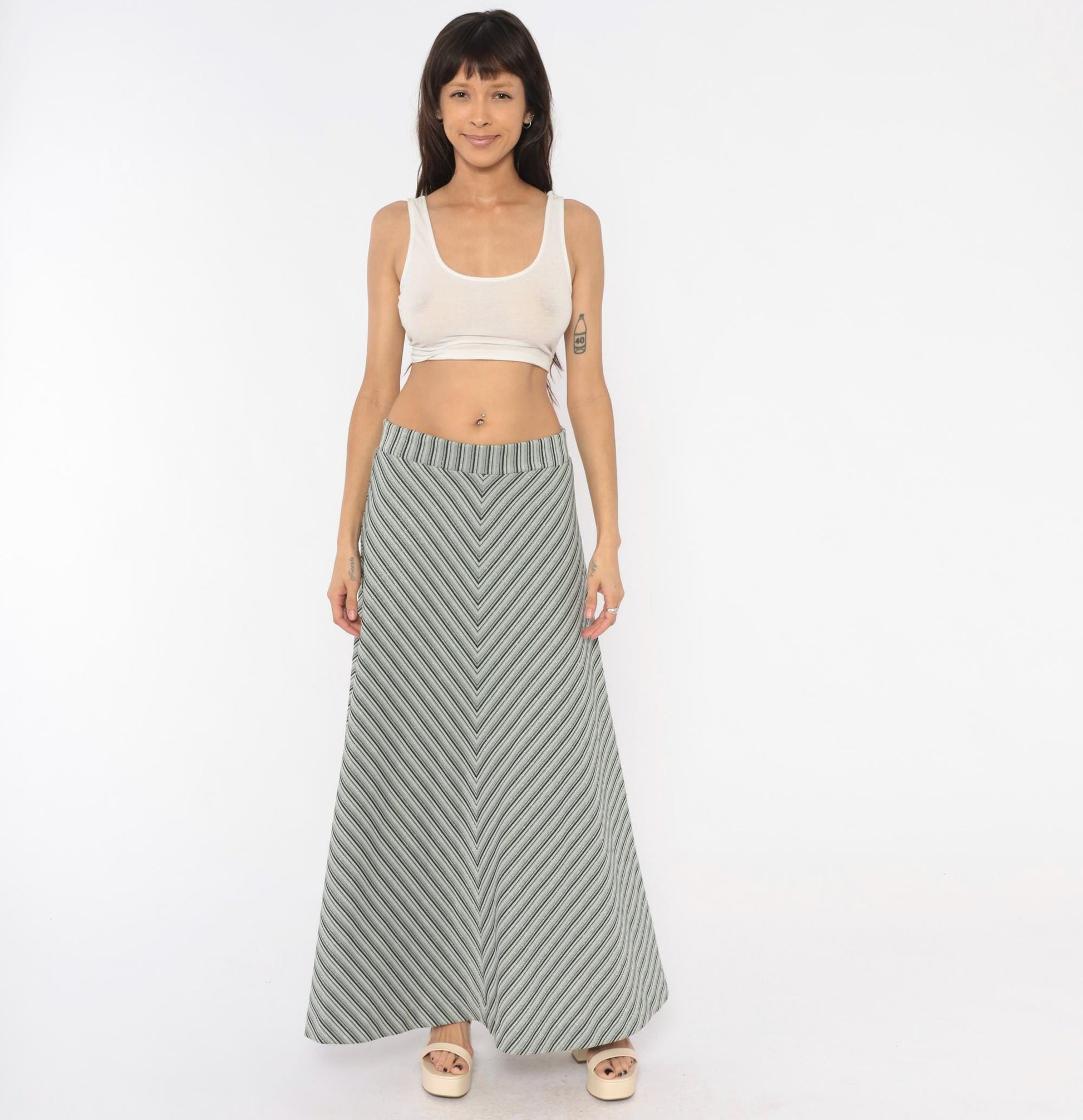 70s Grey Black Chevron Striped Maxi Skirt Herringbone A-Line Medium