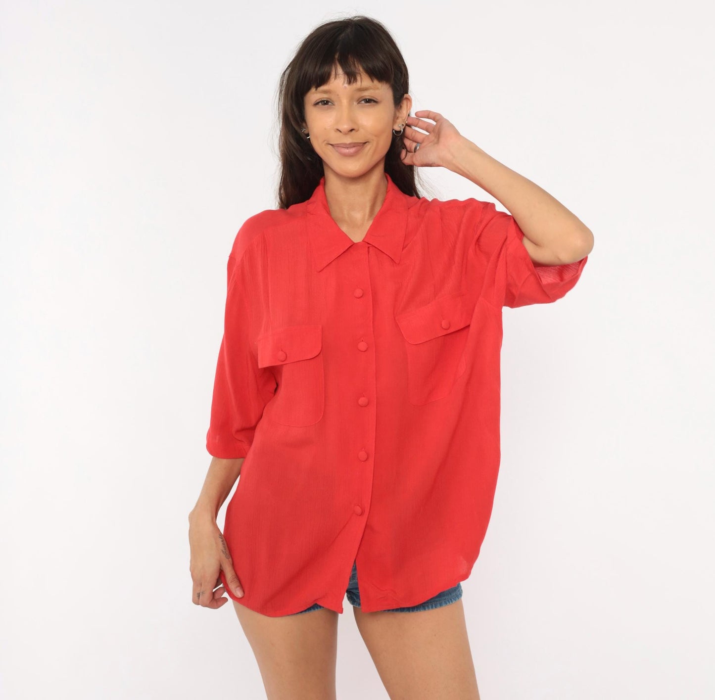 90s Sk&Company Red Cotton Camp Shirt Button Front Collared Large L