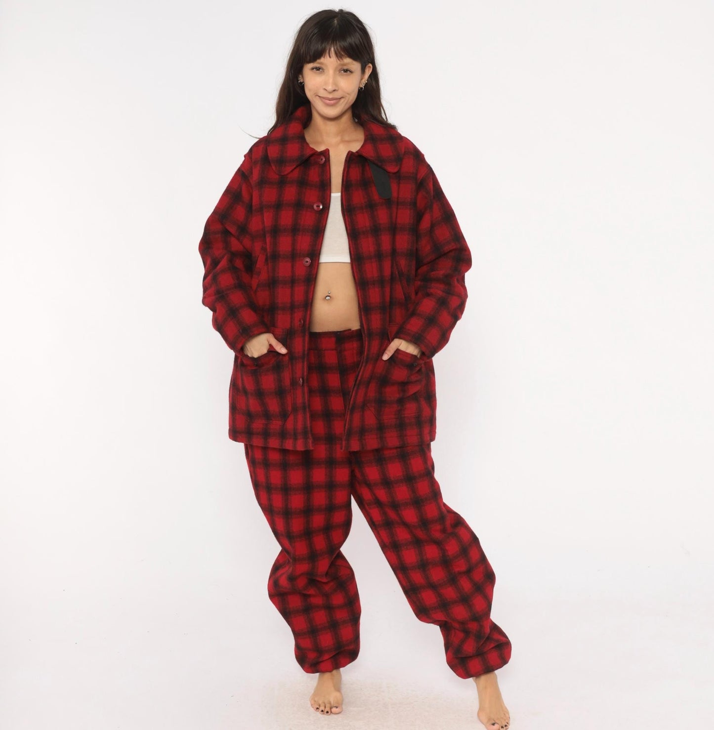 Woolrich Buffalo Plaid Wool Pants 80s Red Black Straight Leg Extra Large XL