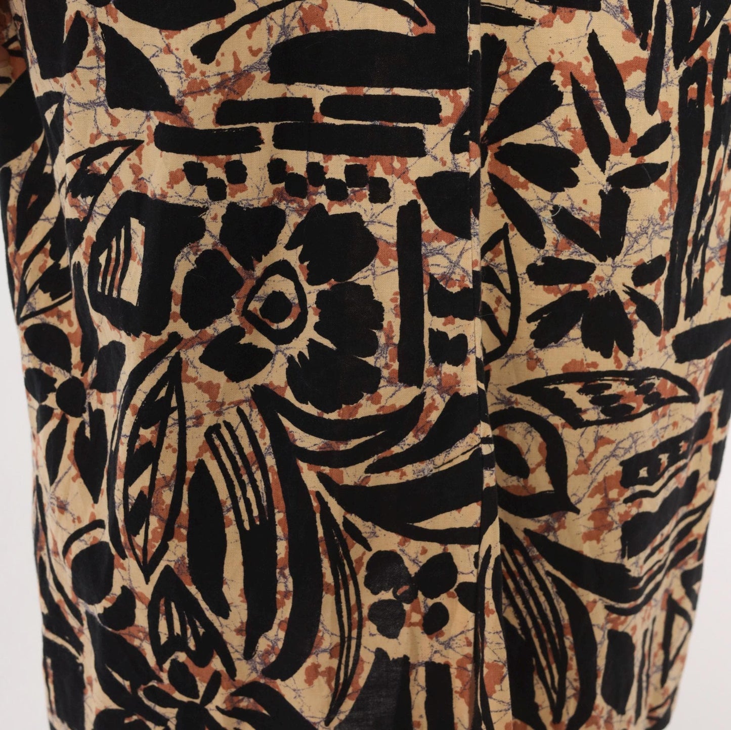 80s Tapa Print Dress Black Tan V-Neck Cotton Tropical Floral Pencil Small