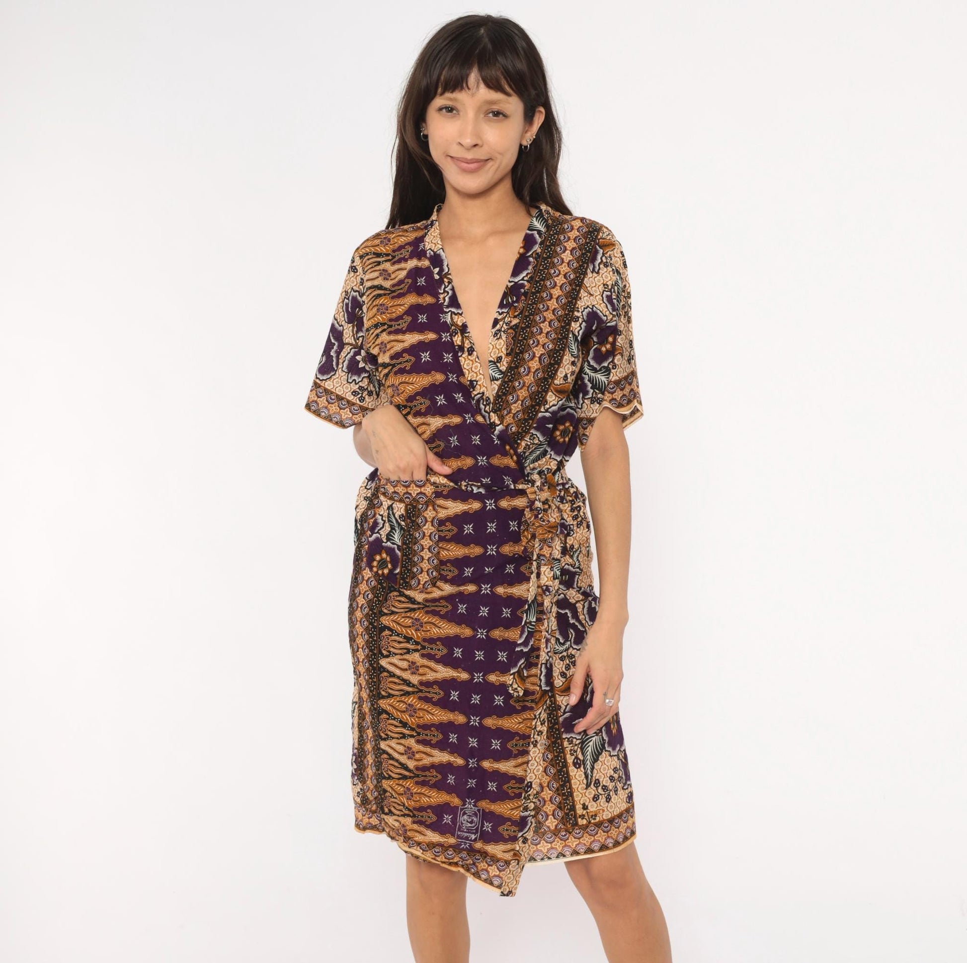 90s Batik Keris Wrap Dress Purple Mustard Floral Kimono Sleeve Small