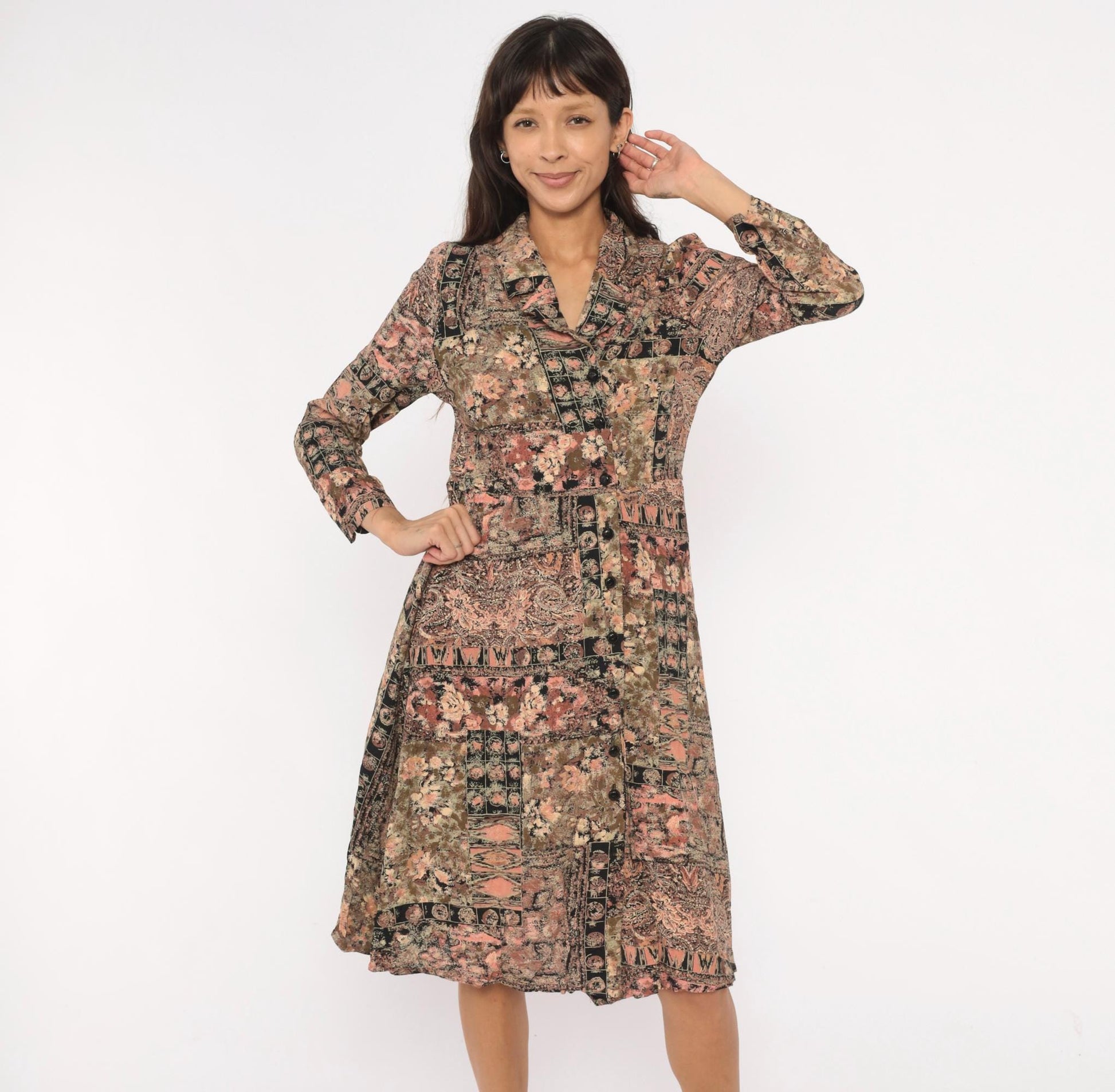 90s Patchwork Floral Midi Dress Paisley Mixed Print Pink Black Olive Small