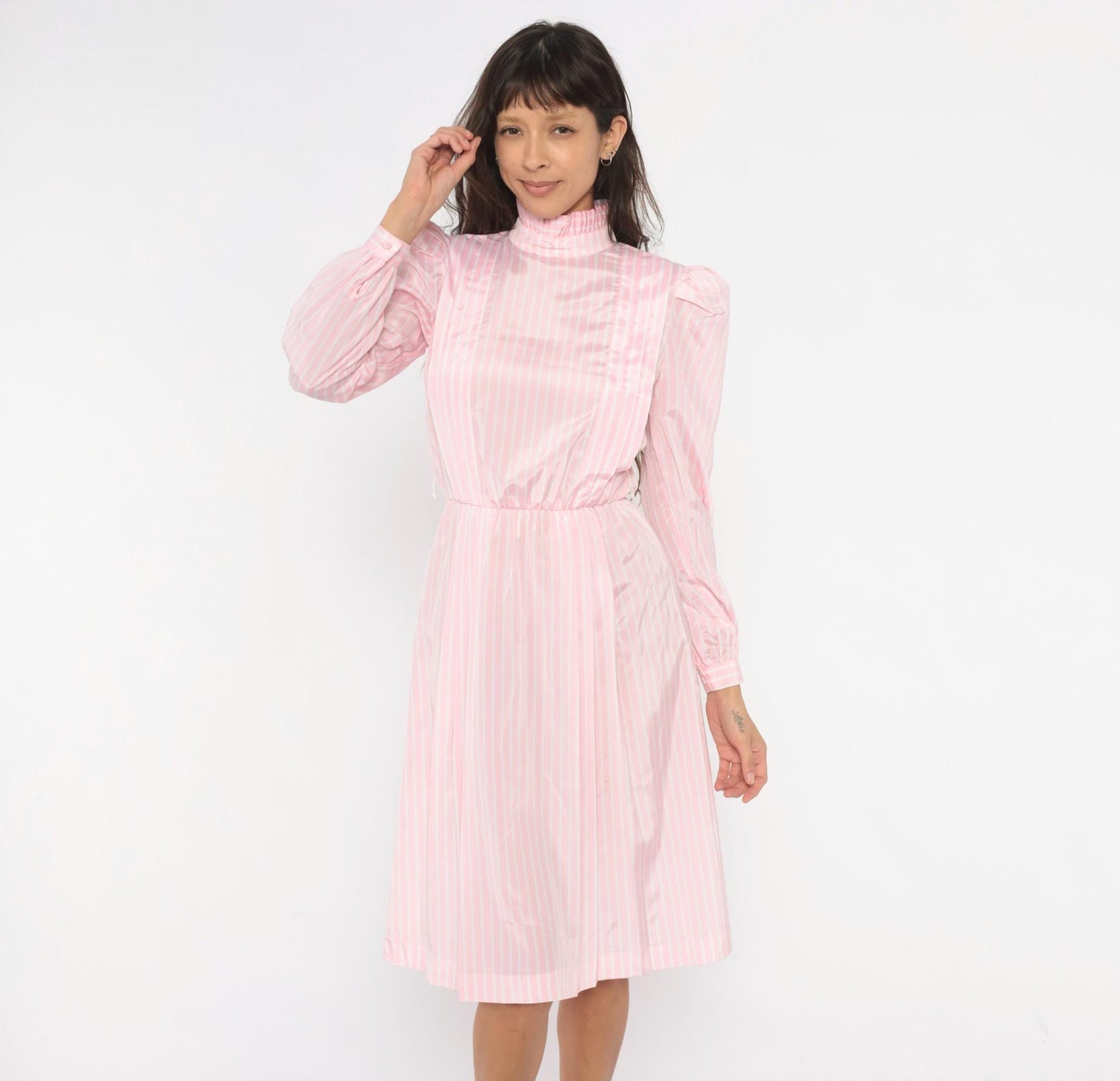 80s Jennifer Pink White Striped Dress Puff Sleeve Mock Neck Small