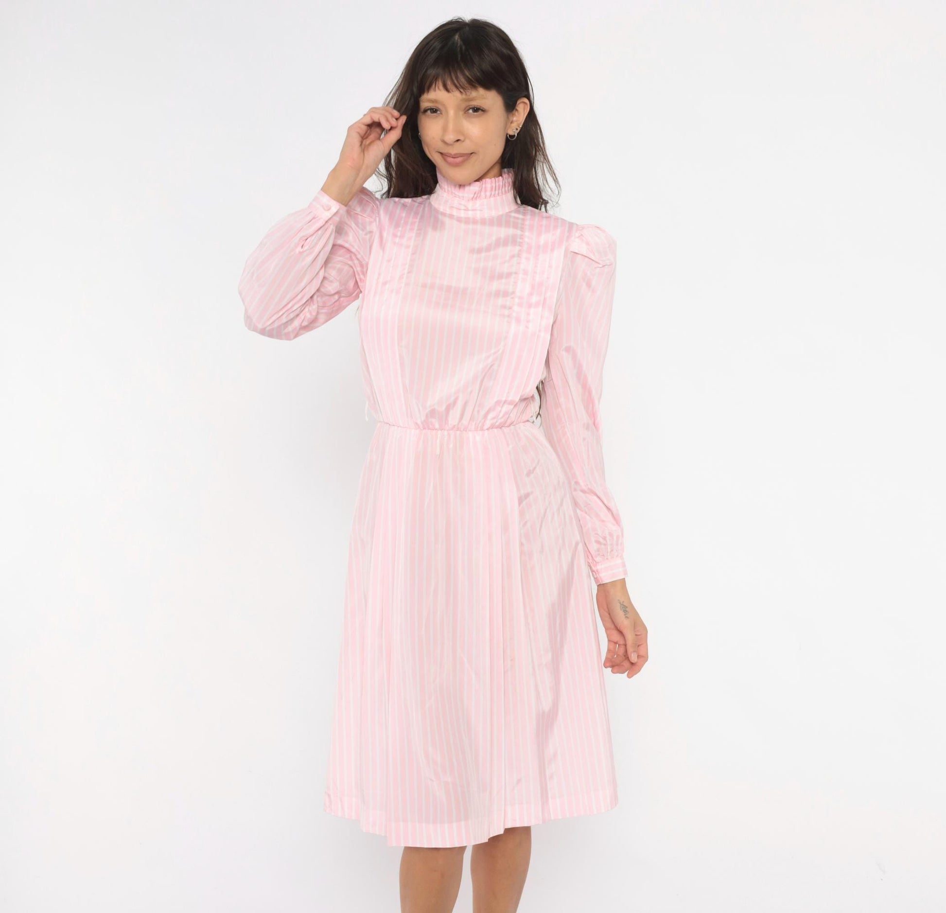 80s Jennifer Pink White Striped Dress Puff Sleeve Mock Neck Small