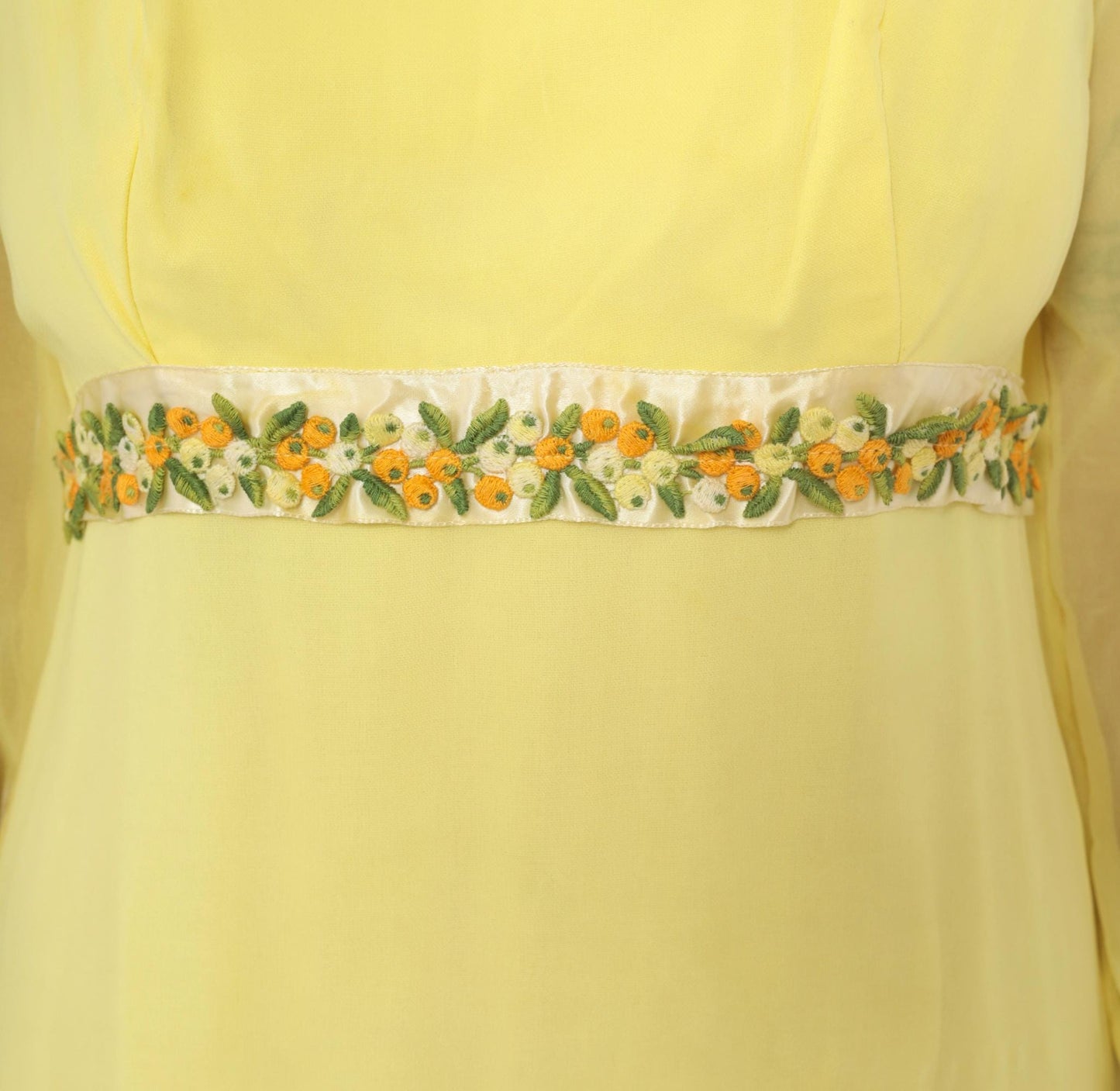 1960s Yellow Chiffon Empire Waist Mini Dress Embroidered Floral Small