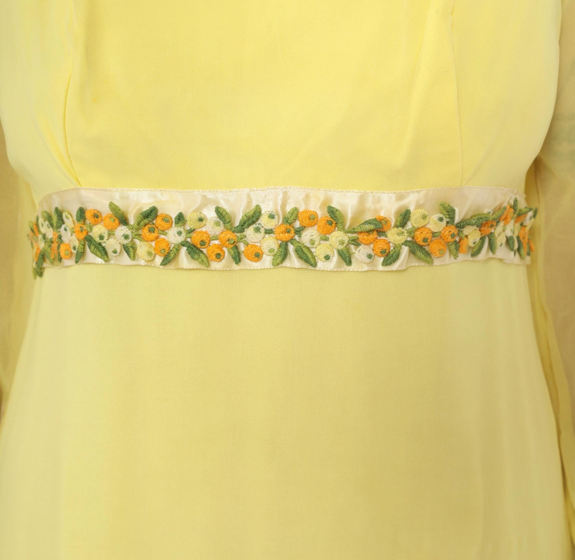 1960s Yellow Chiffon Empire Waist Mini Dress Embroidered Floral Small