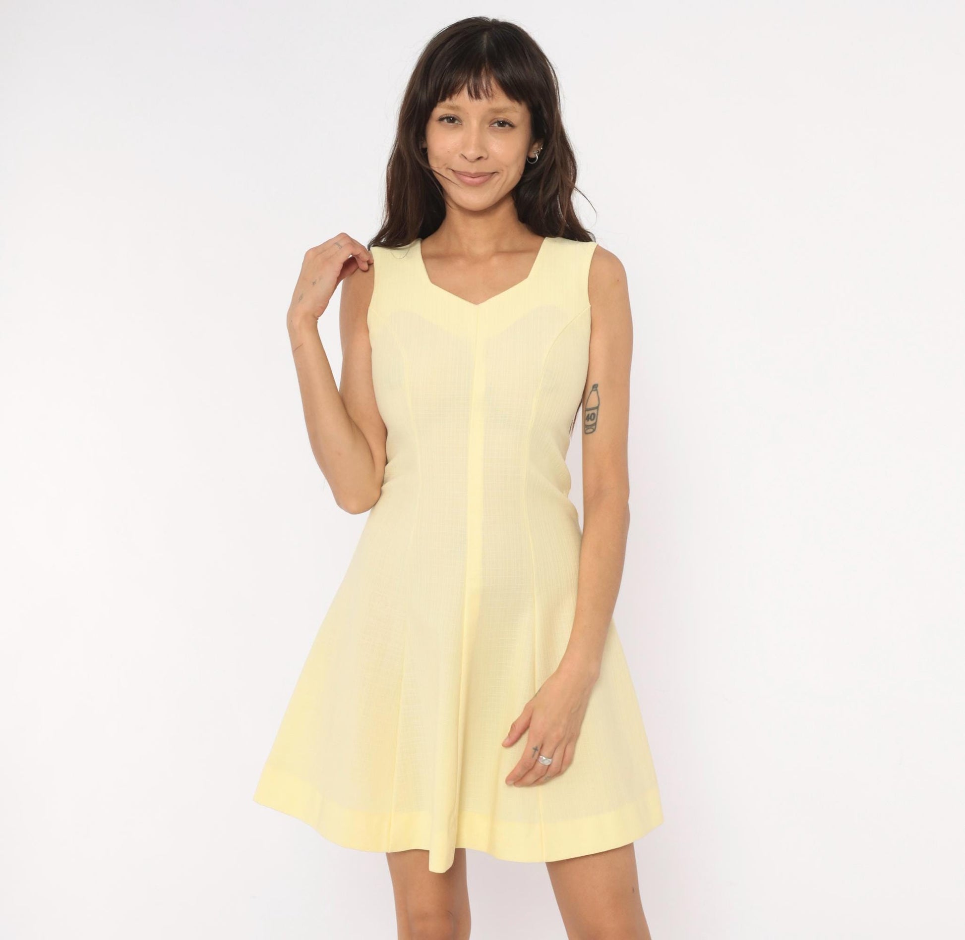 90s Butchamaid Butter Yellow Mini Dress Fit And Flare V-Neck Sleeveless Extra Small XS
