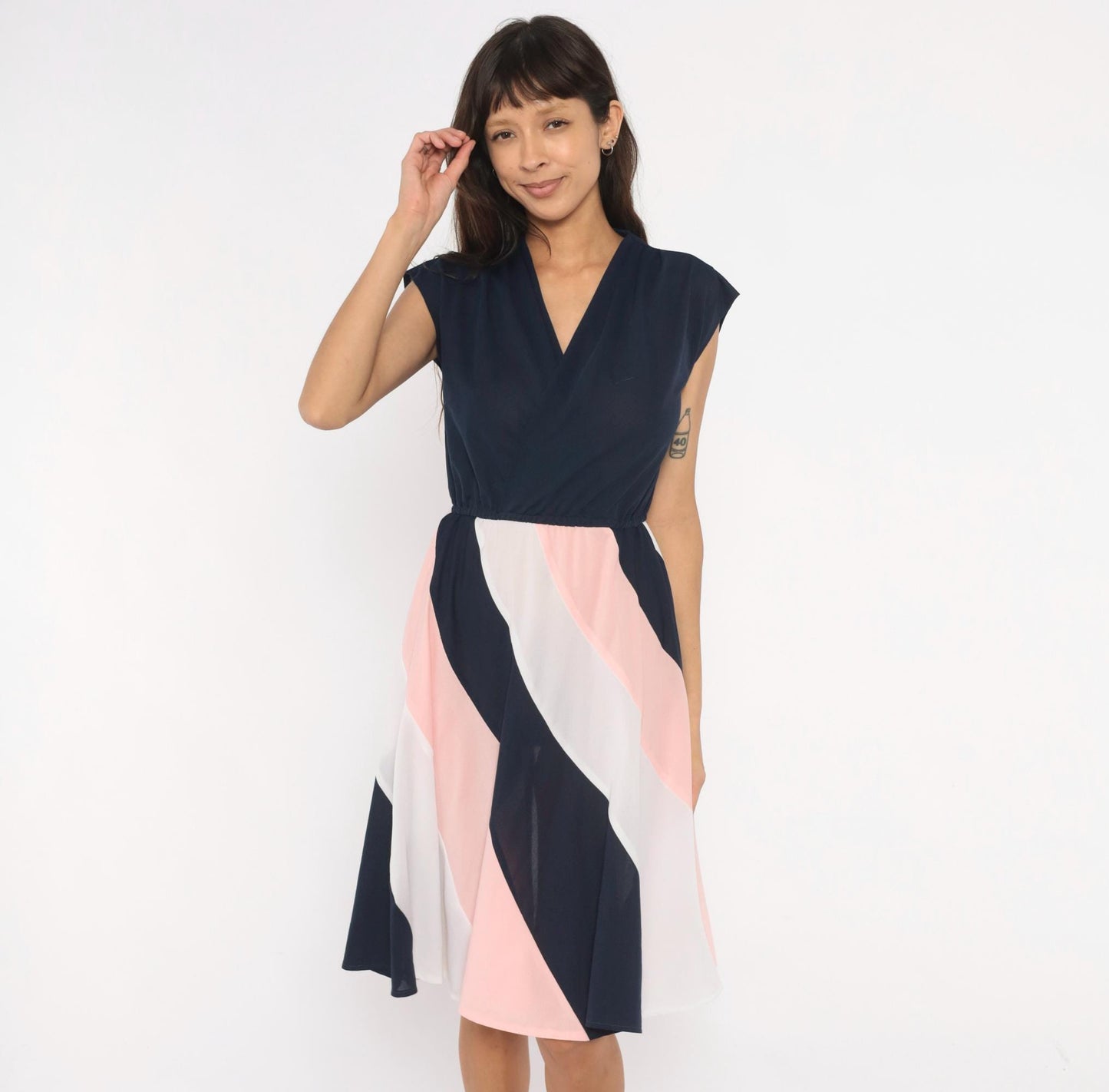 70s Navy Colorblock Sundress Pink White Diagonal Stripe Knee-Length Medium