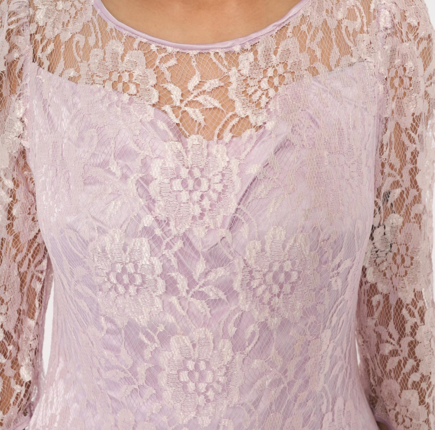 80s Lavender Lace Maxi Dress Floral Sheer Sleeve Drop Waist Large L