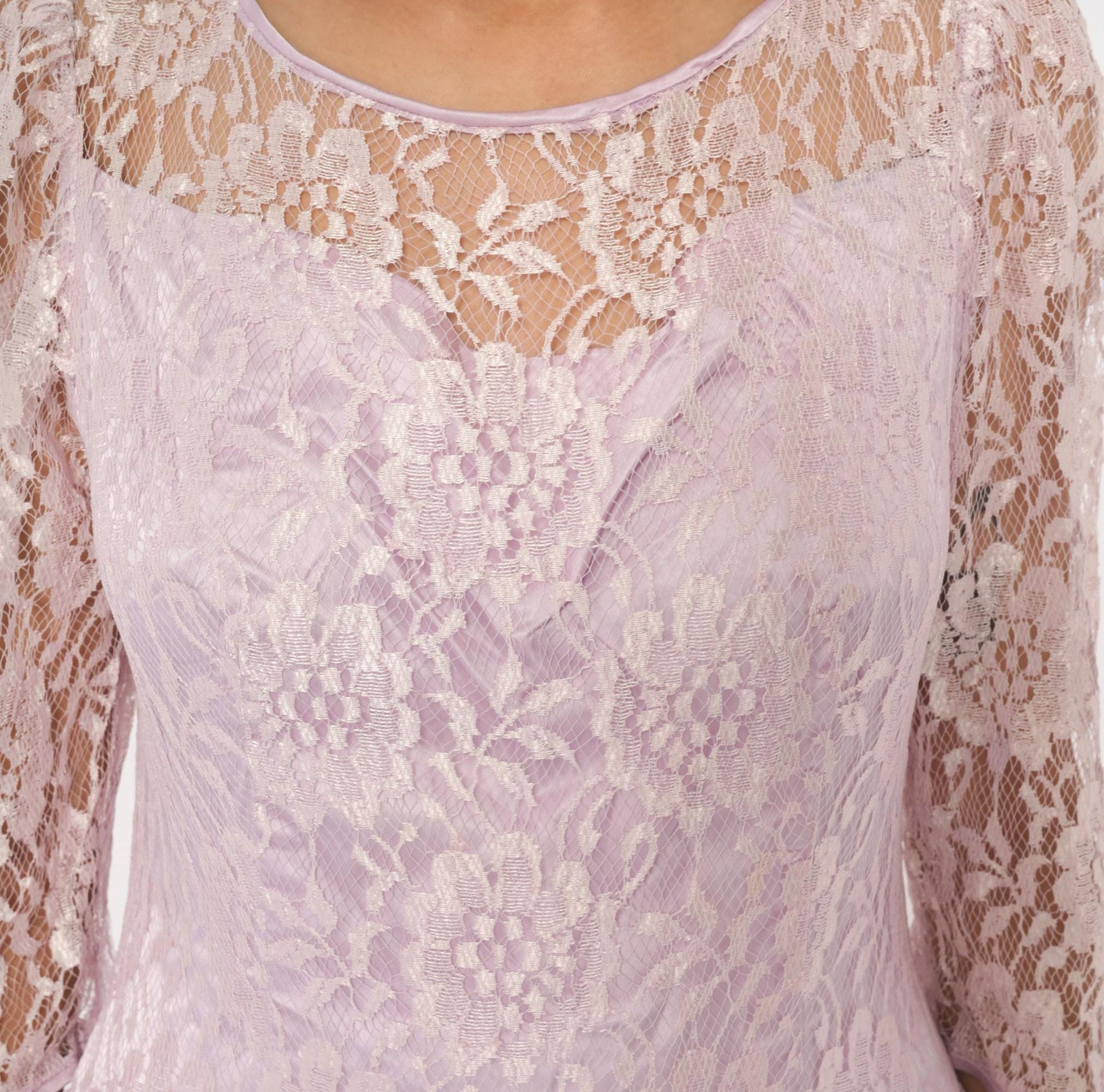 80s Lavender Lace Maxi Dress Floral Sheer Sleeve Drop Waist Large L
