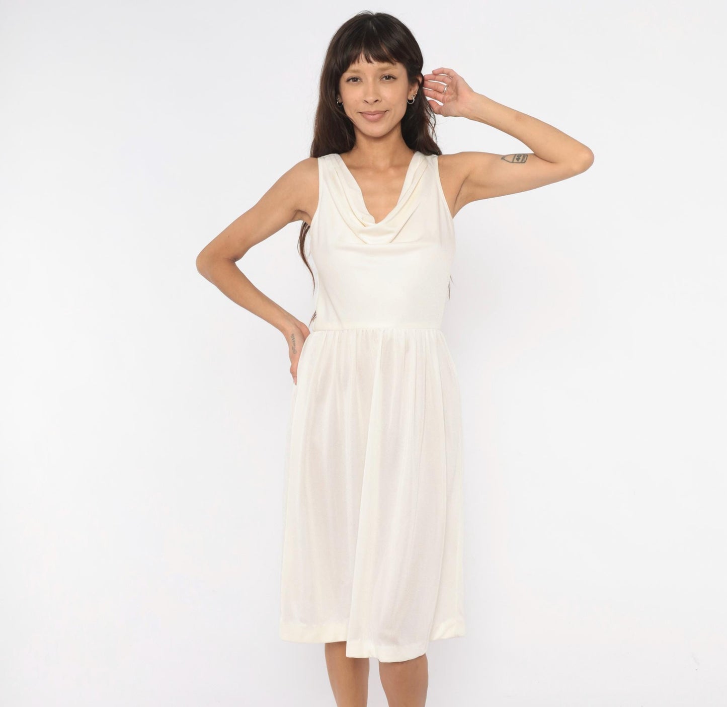 70s Kappi Cowl Neck Sundress Cream Sleeveless Gathered Waist Knee-Length Medium M