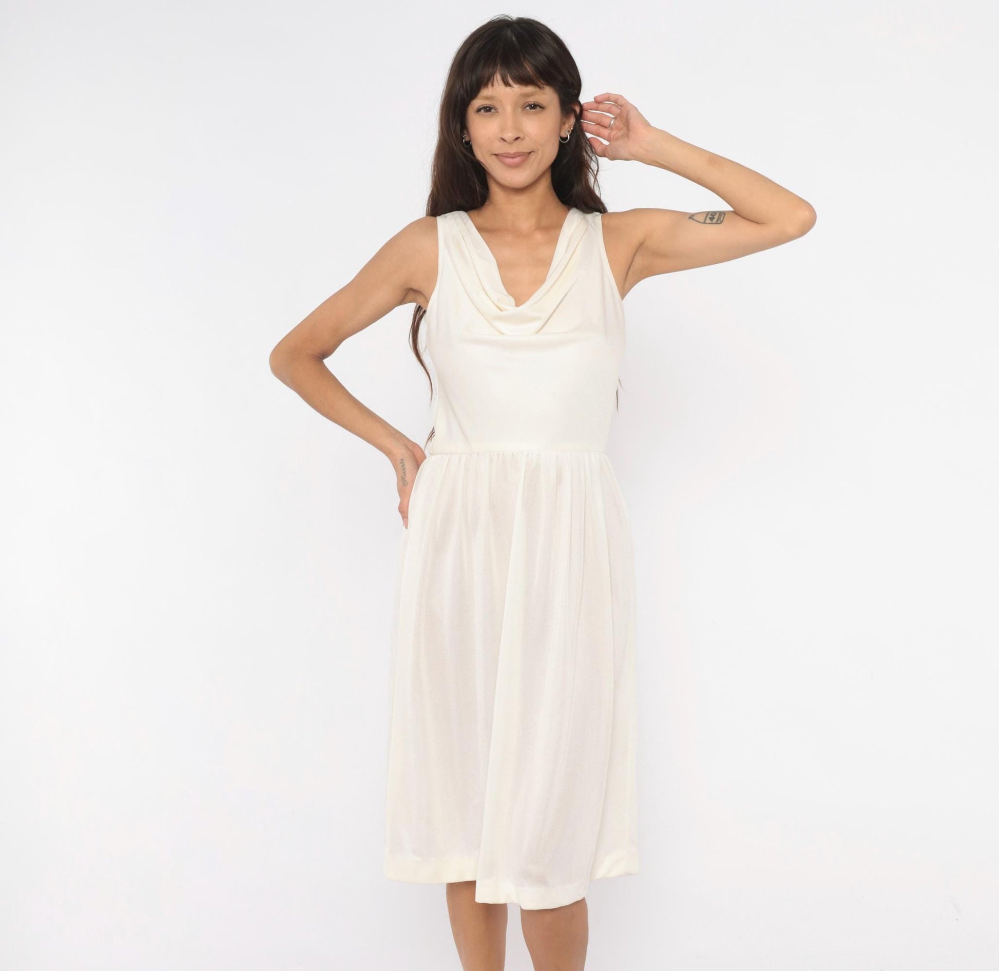70s Kappi Cowl Neck Sundress Cream Sleeveless Gathered Waist Knee-Length Medium M