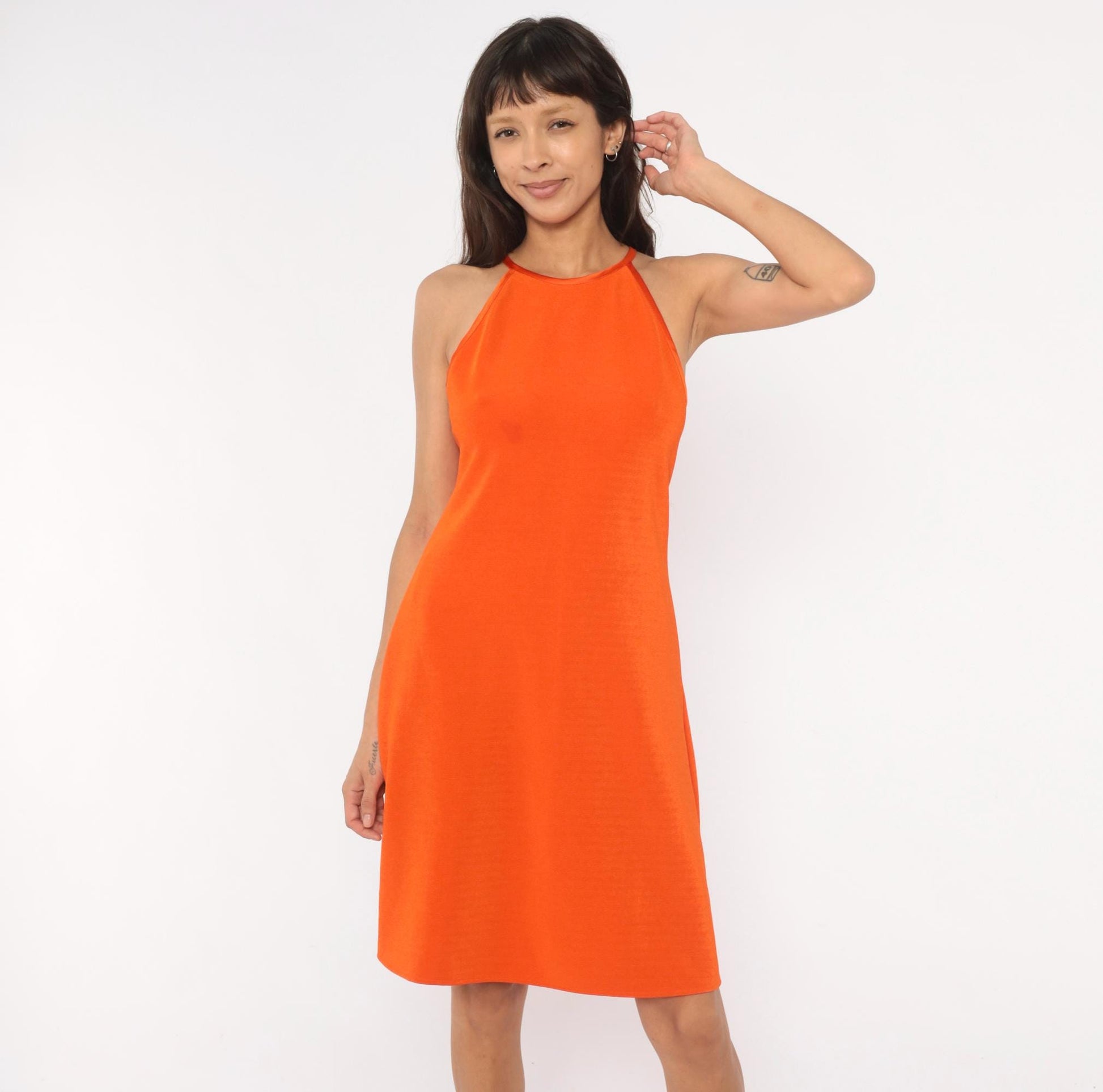 90s Jessica Howard Orange Halter Dress Criss Cross Back Knee Length Small