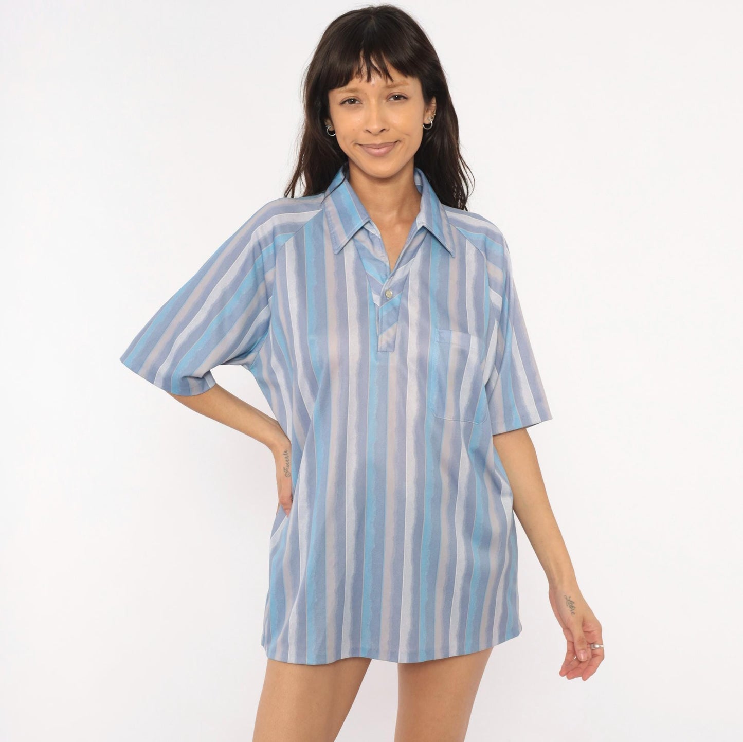 90s Dache Watercolor Stripe Polo Lavender Blue Grey Short Sleeve Large L