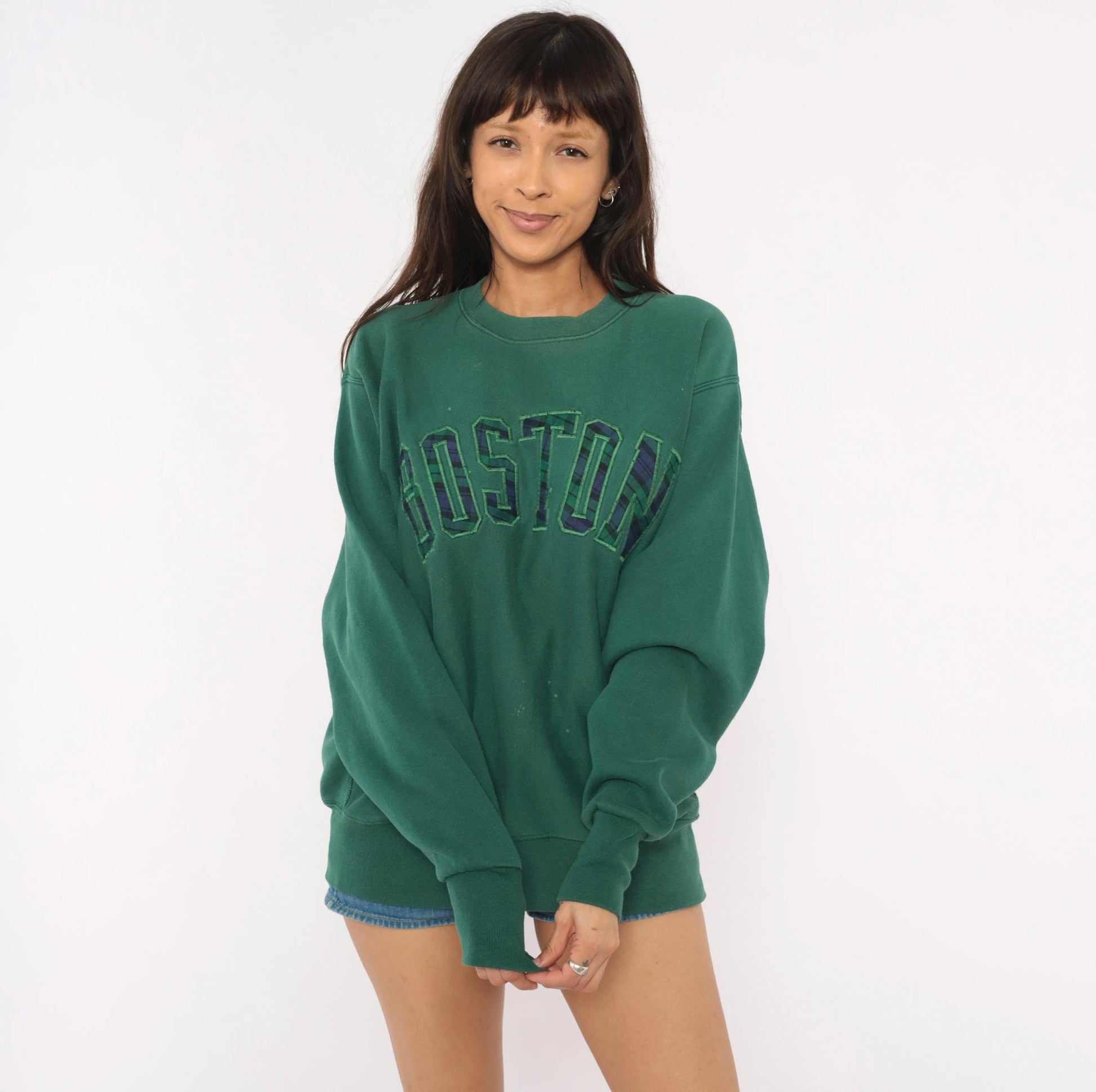 90s Boston Crewneck Sweatshirt Plaid Applique Forest Green Extra Large XL