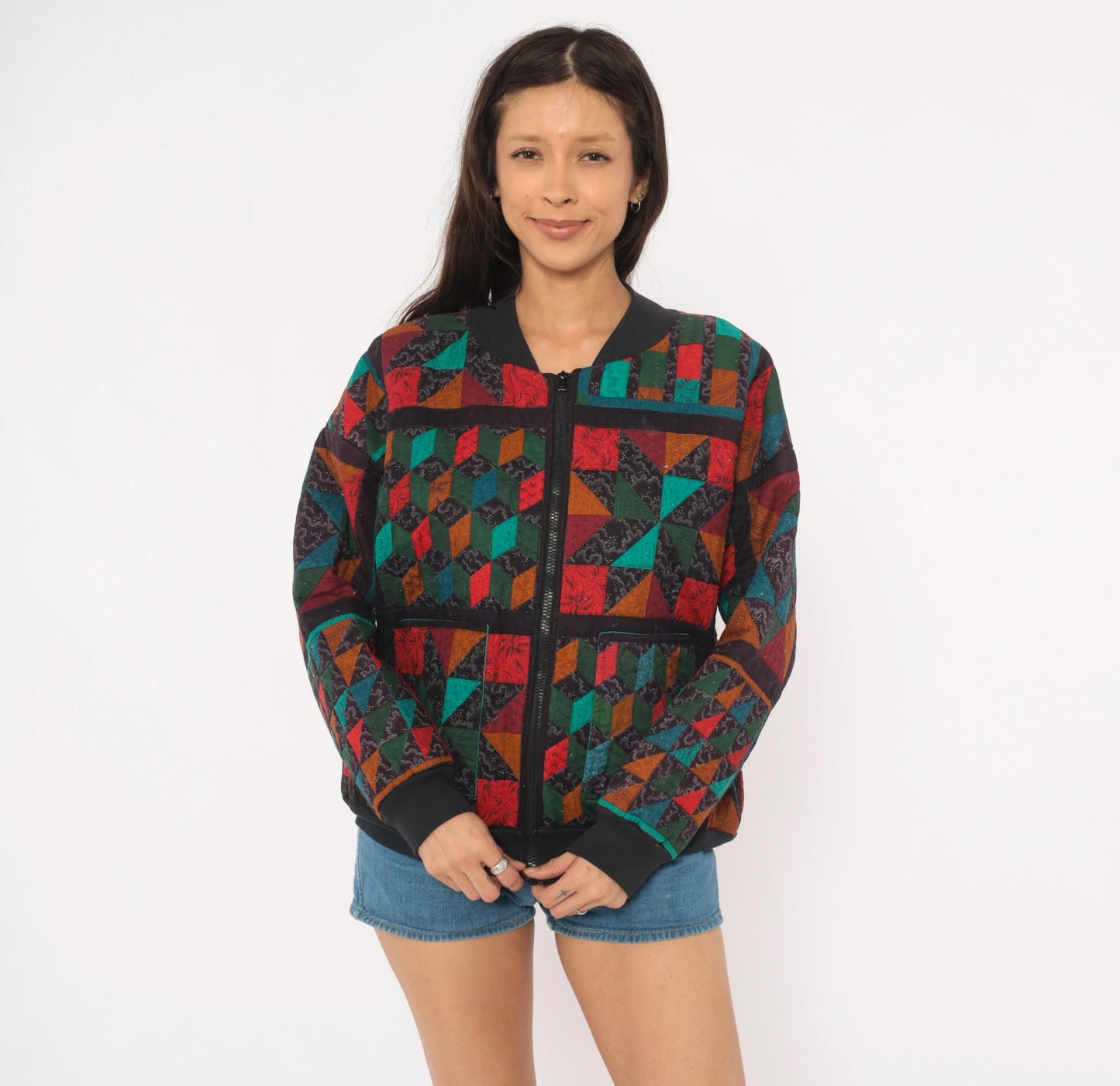 90s Quilted Patchwork Bomber Jacket Geometric Star Block Cotton Multicolor Large L