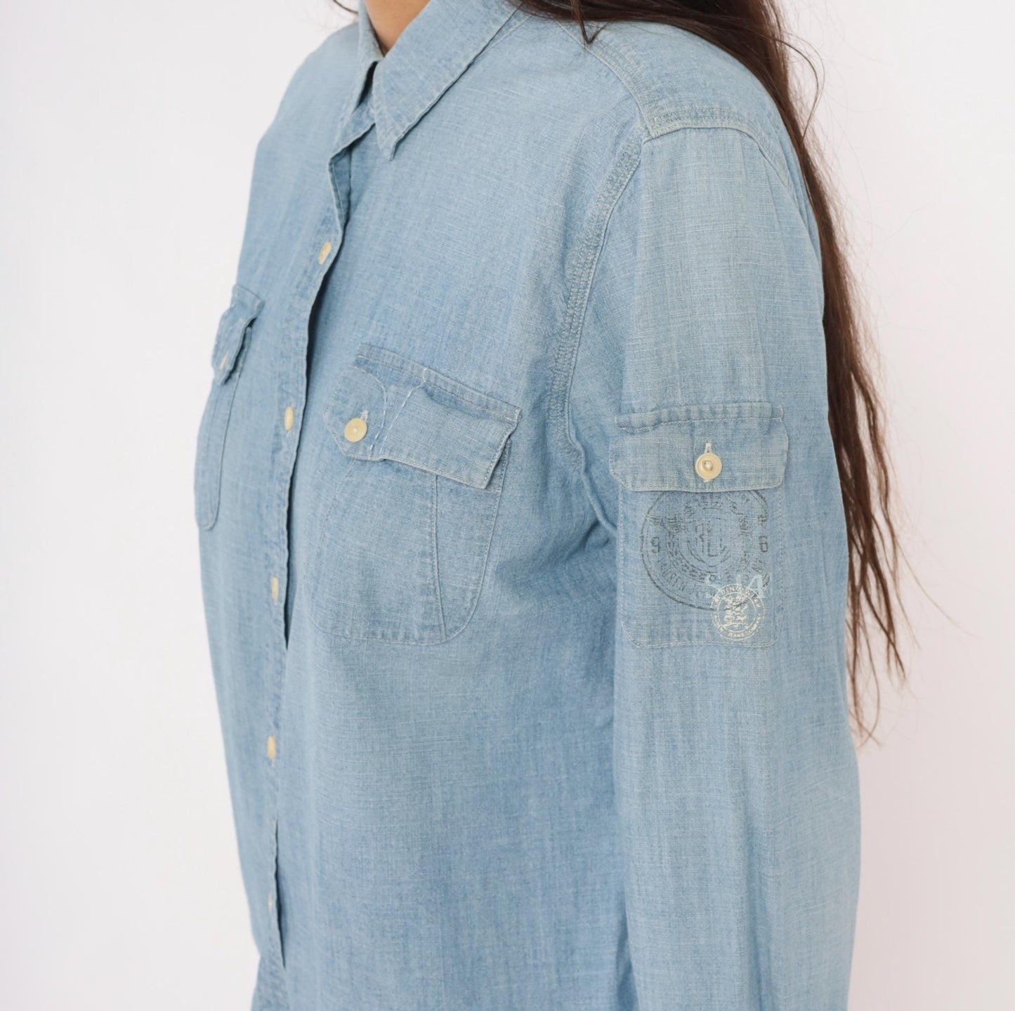 90s Ralph Lauren Jeans Co Chambray Button-Up Shirt Light Blue Cotton Long Sleeve Large L