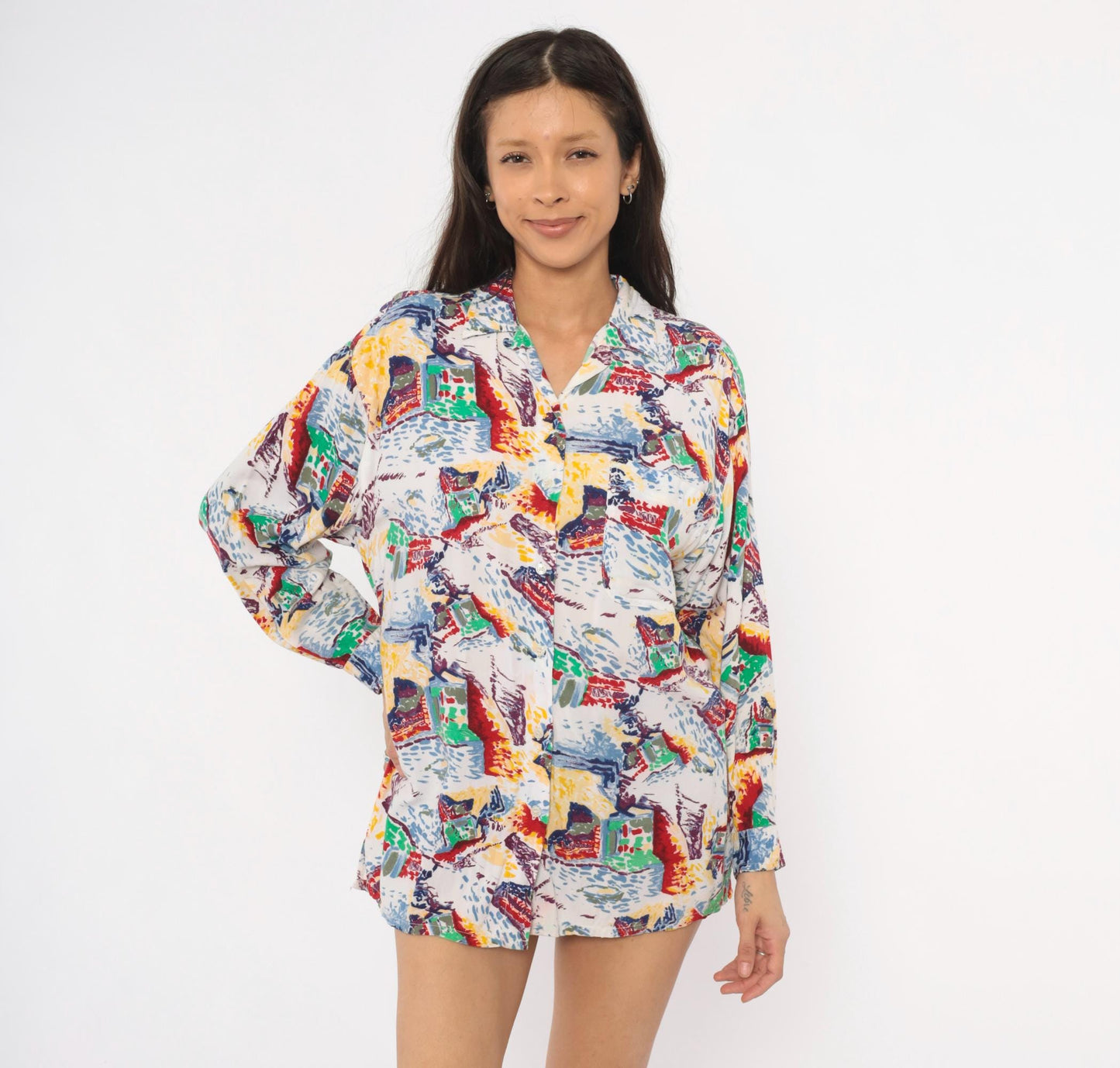 90s Ilio Abstract Painterly Button-Up Blouse Multicolor Camp Collar Medium M