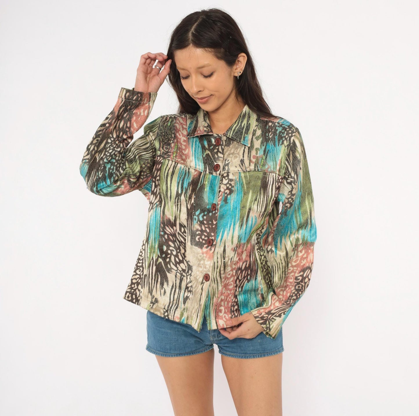 Y2K Sara Studio Animal Print Sequin Blouse Turquoise Olive Medium M