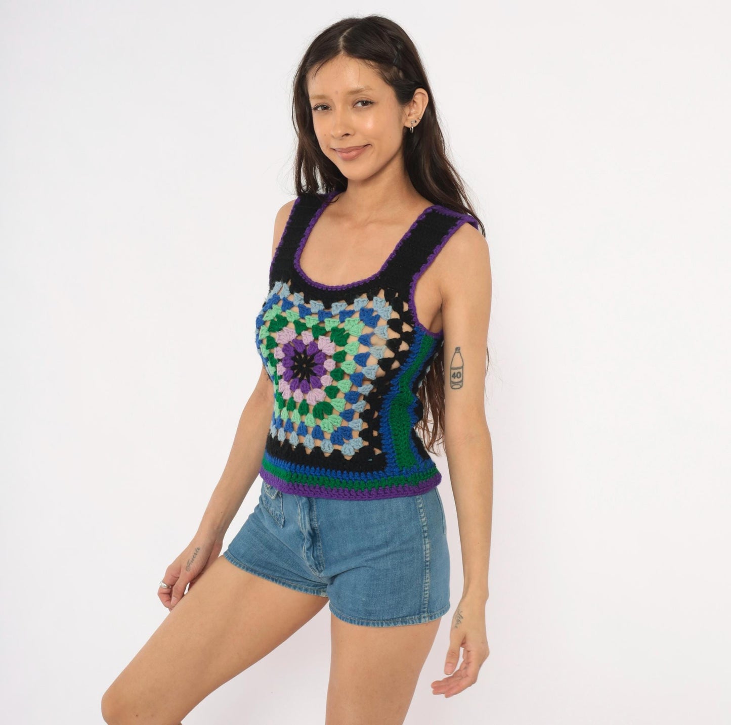 70s Handmade Crochet Granny Square Tank Purple Green Blue Scoop Neck Extra Small