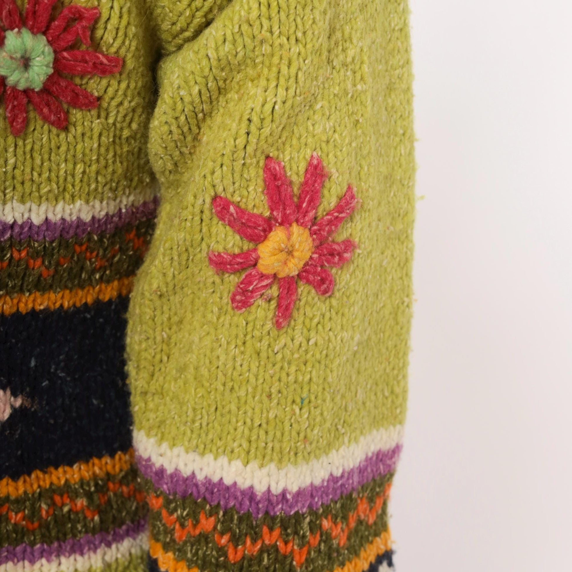 2000s Olive Wool Cropped Hooded Zip Sweater Embroidered Floral Knit XXS