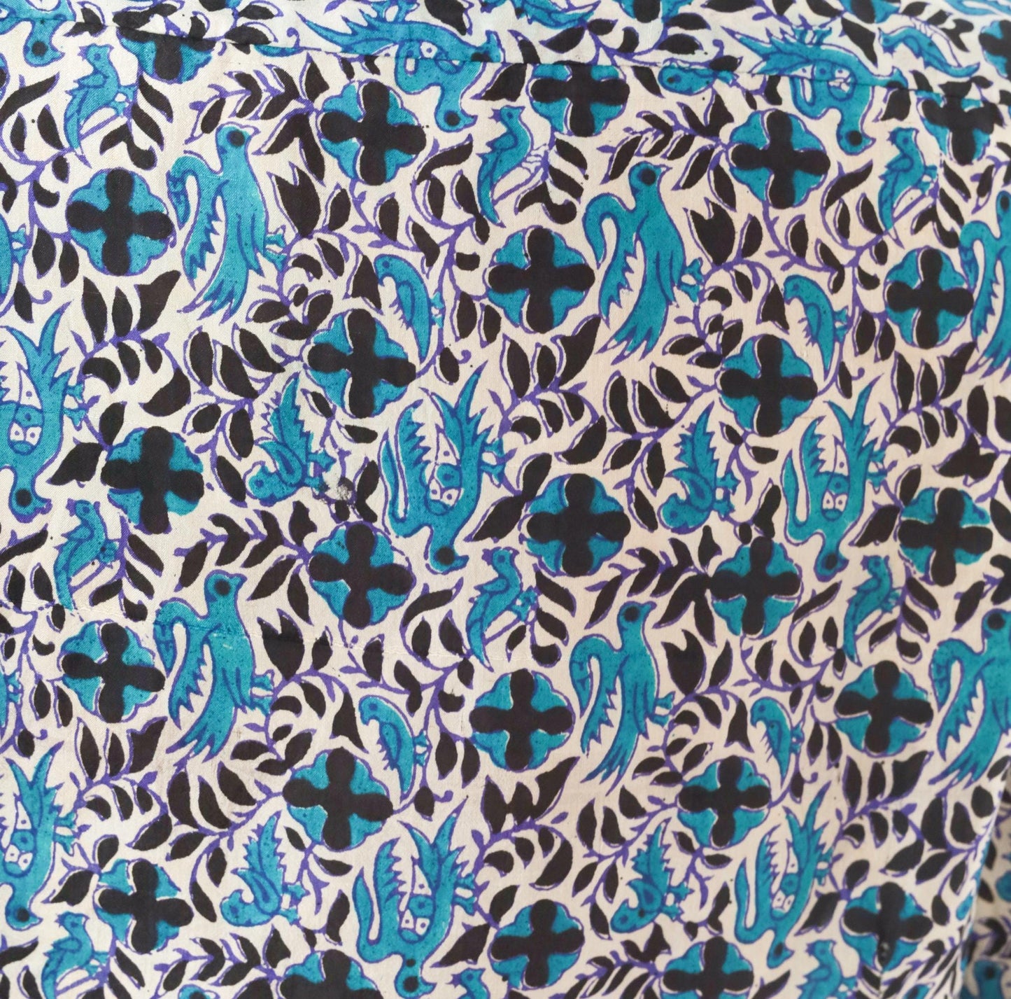 70s Anant & Co Batik Silk Shirt Teal Black Botanical Bird Print Pointed Collar Medium M