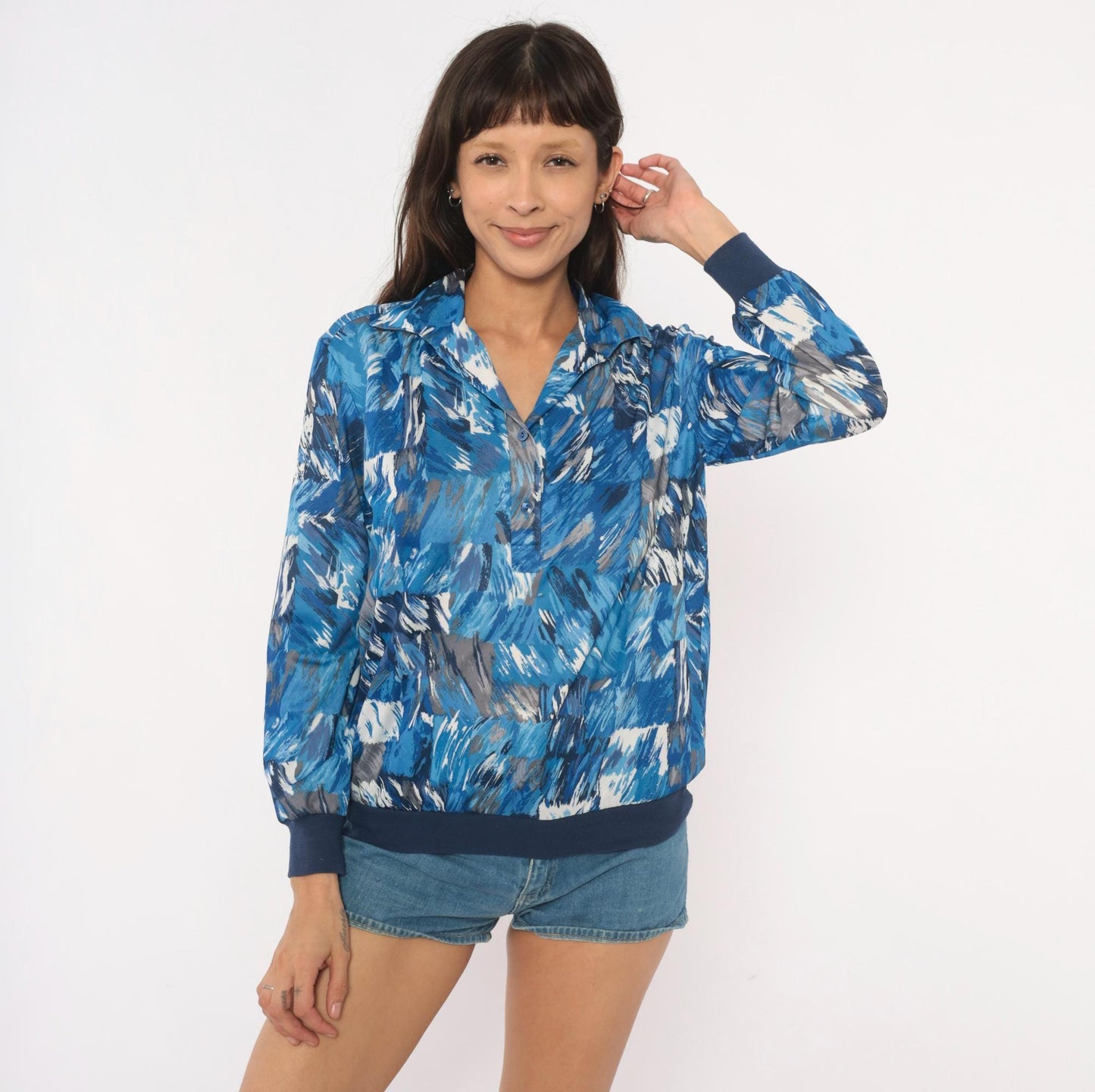 70s Abstract Brushstroke Blouse Cobalt Navy Grey Collared V-Neck Medium