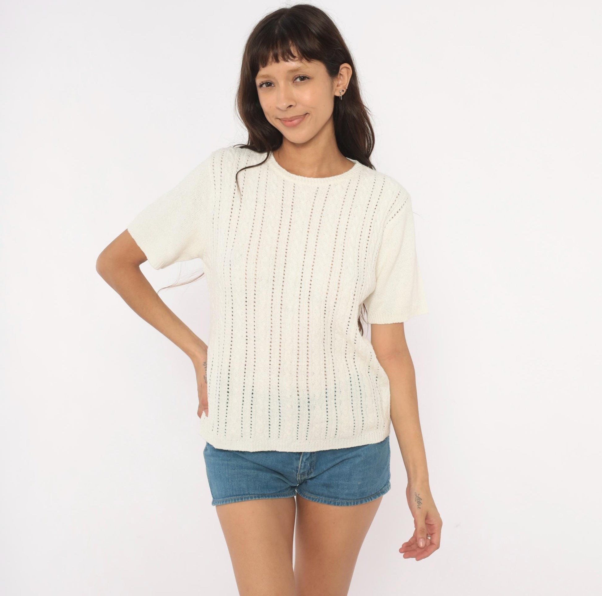 80s Pointelle Cable Knit Pullover Cream Short Sleeve Scoop Neck Large L