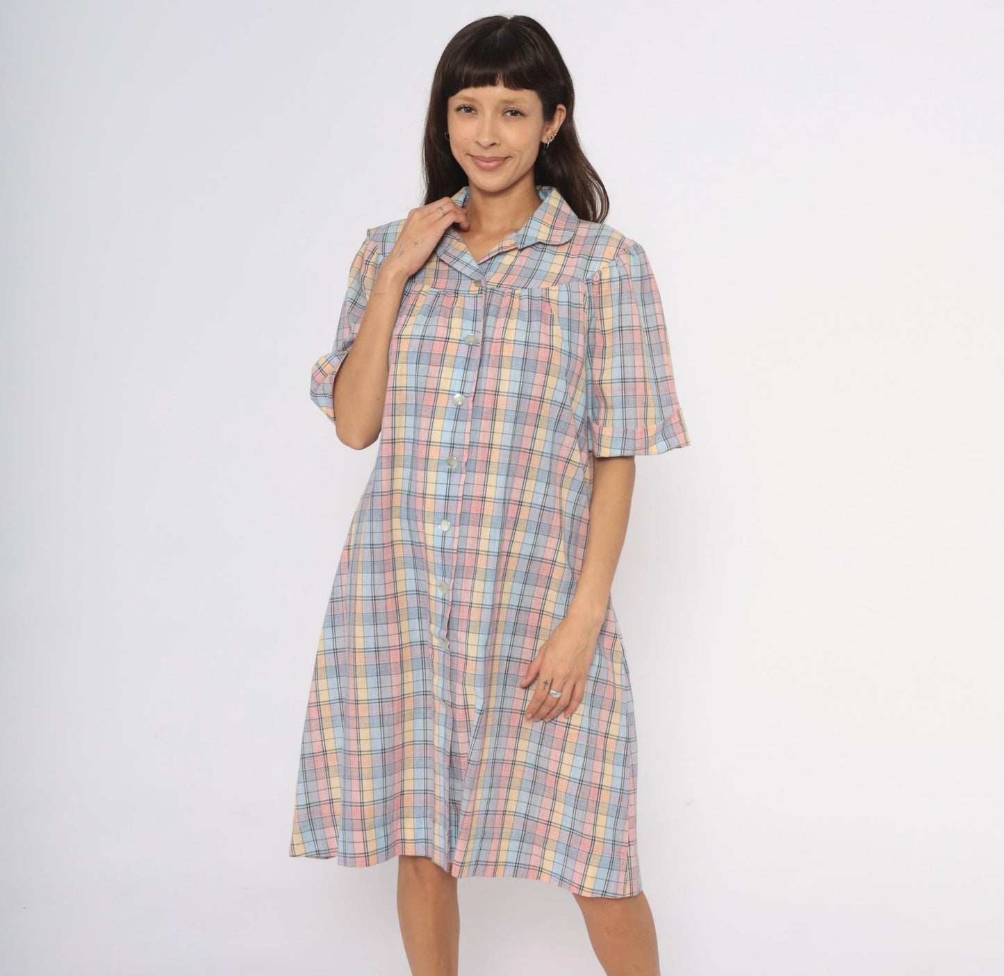 80s Pastel Plaid Cotton Shirt Dress Knee-Length Collared Housecoat Large