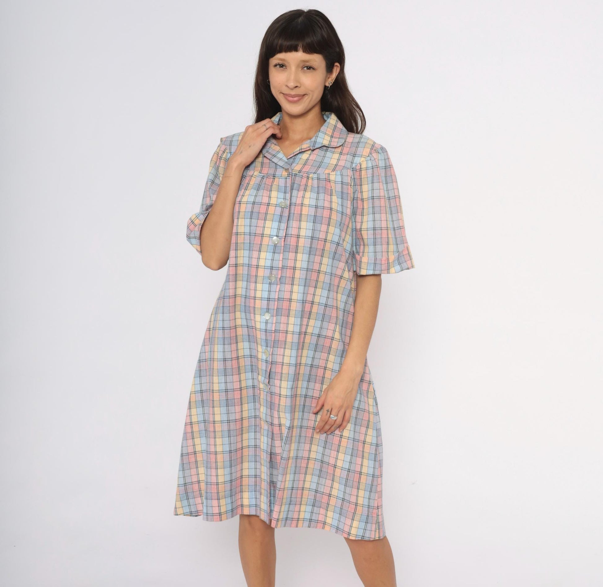 80s Pastel Plaid Cotton Shirt Dress Knee-Length Collared Housecoat Large