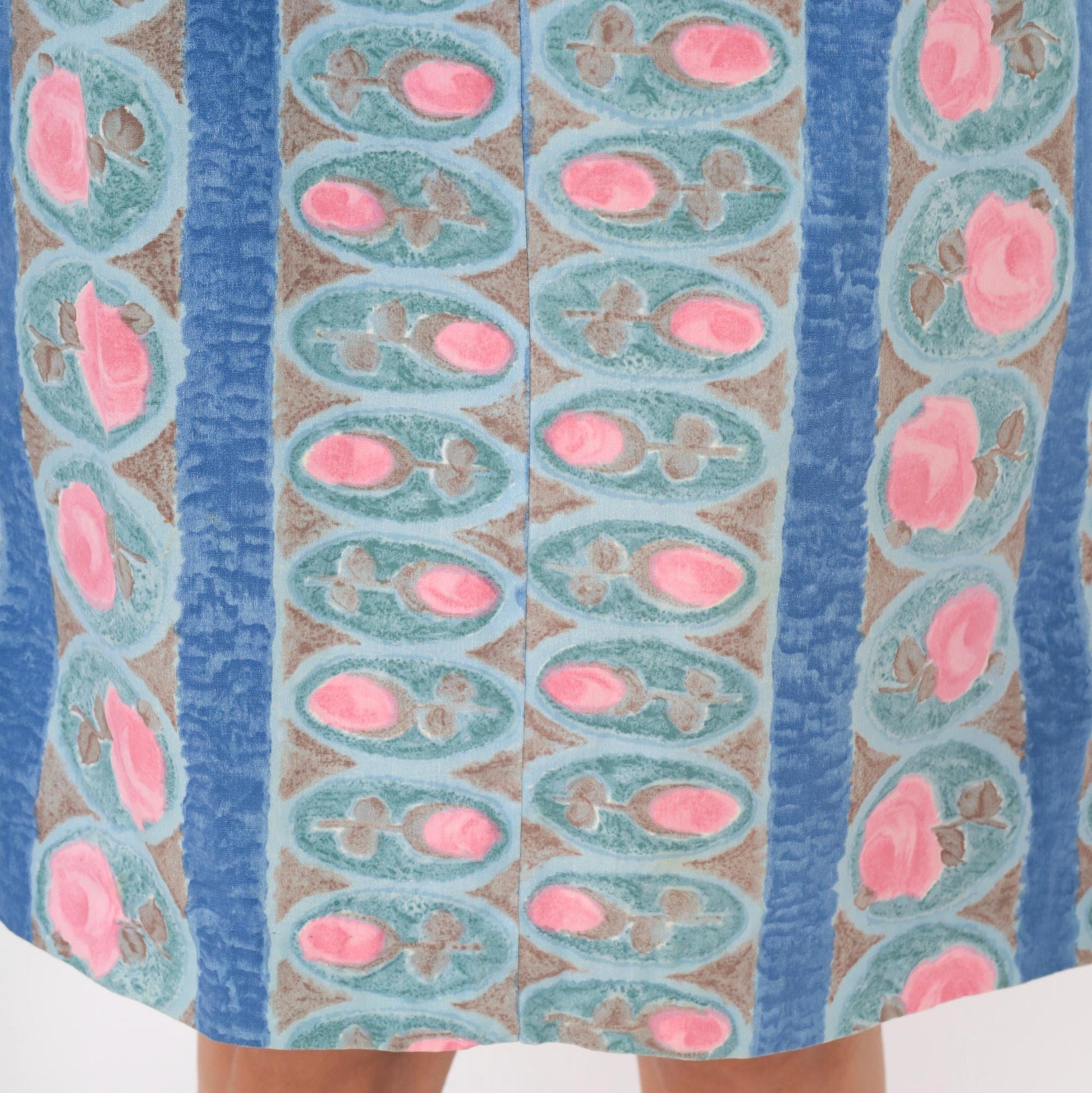 80s Floral Medallion Shirtdress Blue Pink Striped Cotton Sleeveless Medium