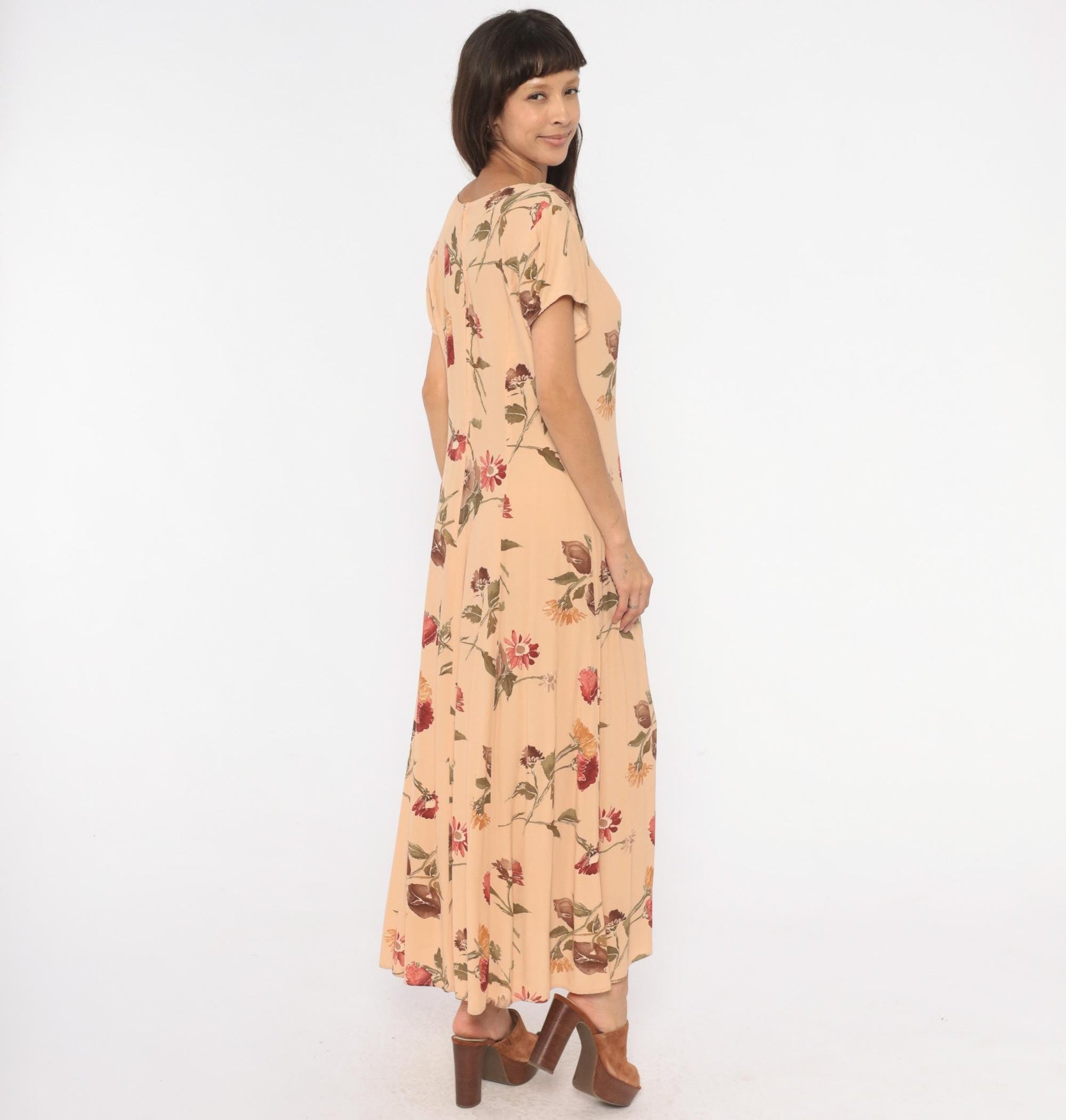90s Jeffery & Dara Floral Maxi Dress Peach Button Front Scoop Neck Large L