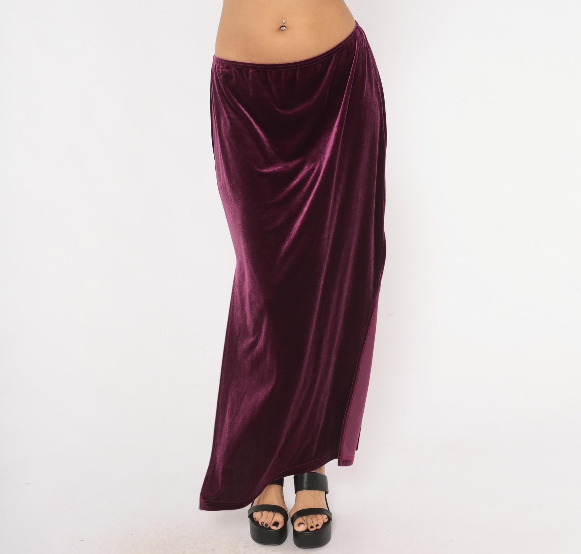 2000s Exact Change Plum Velvet Maxi Skirt A-Line Ankle Slit Extra Large XL