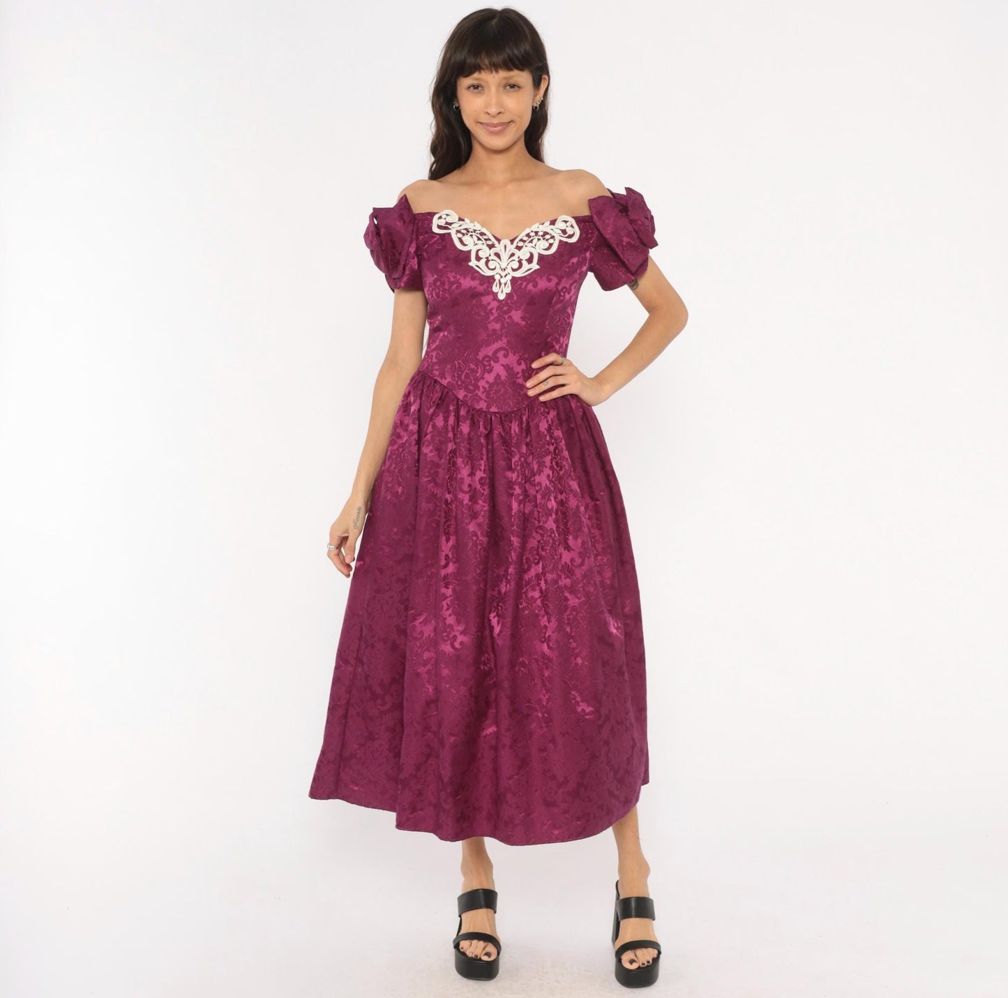 Jessica McClintock 80s Plum Brocade Puff Sleeve Gown Small