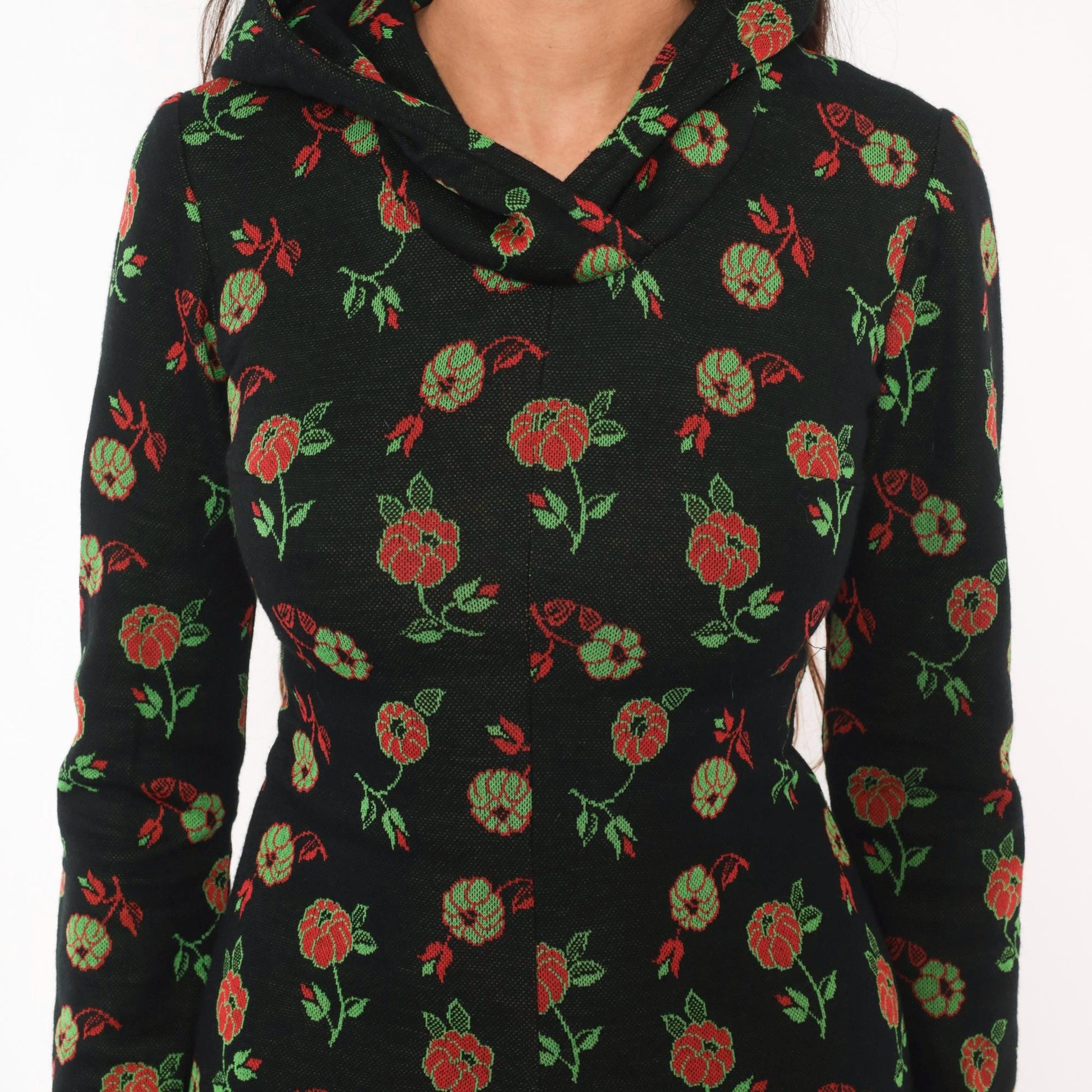 70s Black Hooded Midi Dress Red Rose Floral Print Long Sleeve Extra Small