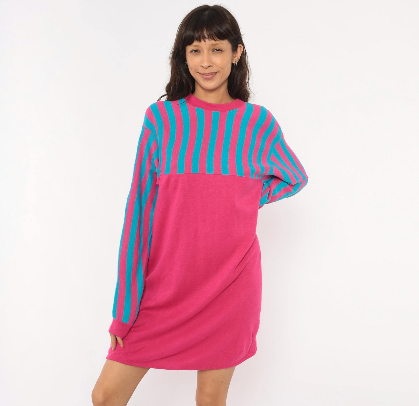 80s Sleep Mates Striped Sweatshirt Dress Hot Pink Teal Knee-Length Small