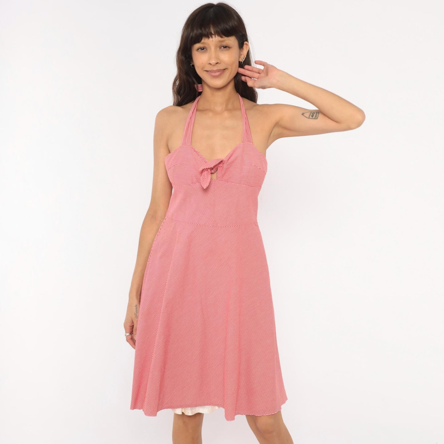 Trina Turk 2000s Gingham Halter Dress Red White Sweetheart Neckline Medium M
