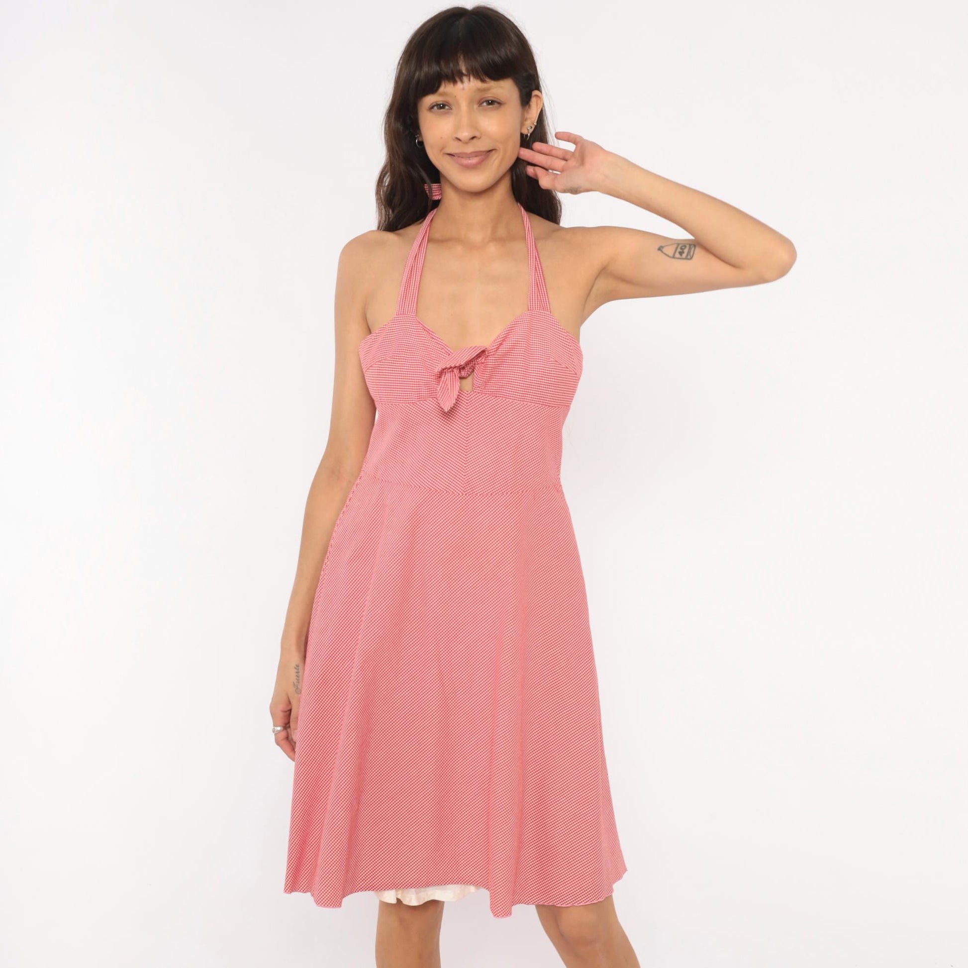Trina Turk 2000s Gingham Halter Dress Red White Sweetheart Neckline Medium M