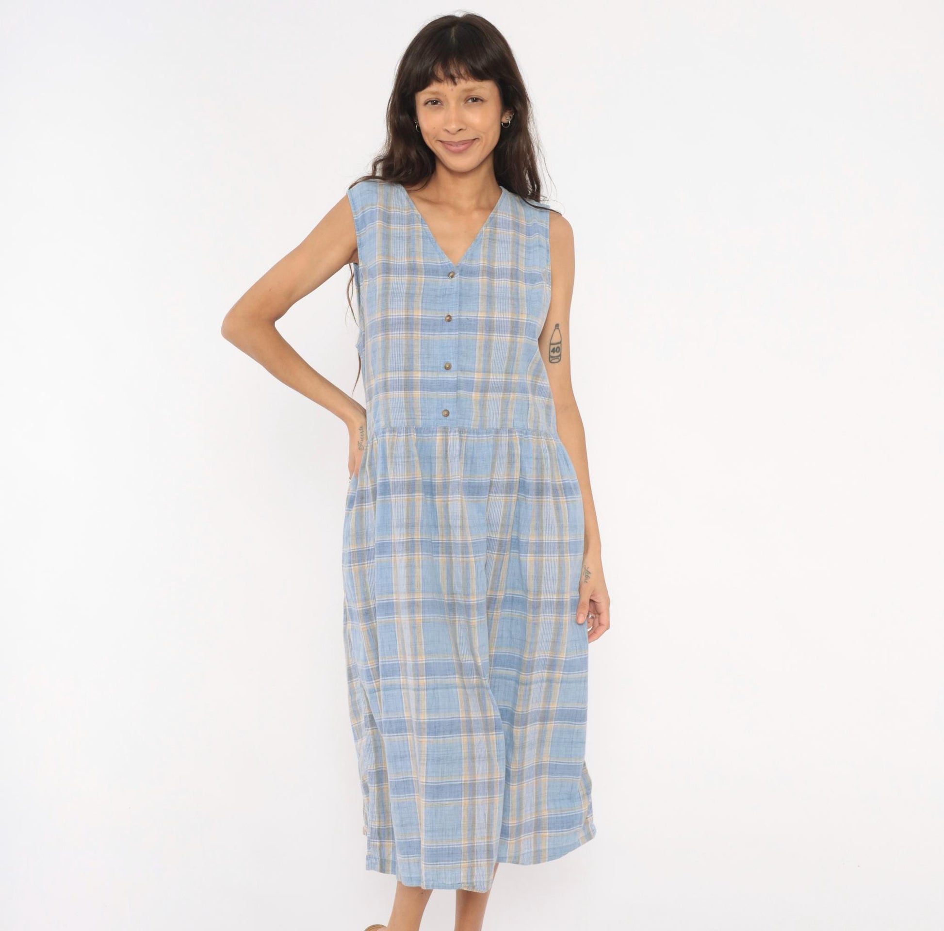 90s Lands' End Blue Plaid Cotton Midi Sundress Button Front Large L
