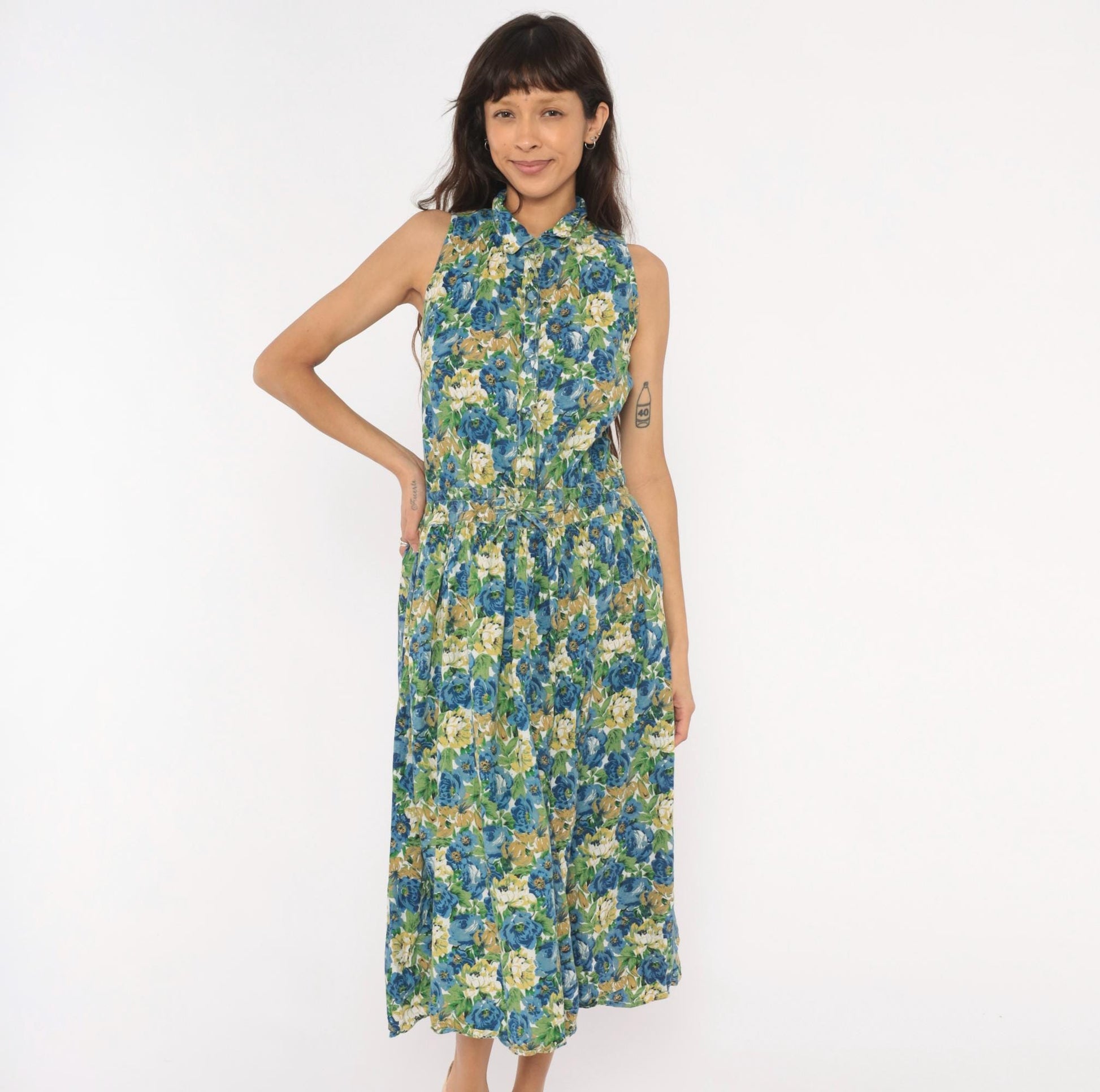 90s Penbrooke Lane Floral Shirtdress Midi Collared Sleeveless Blue Rose Medium M
