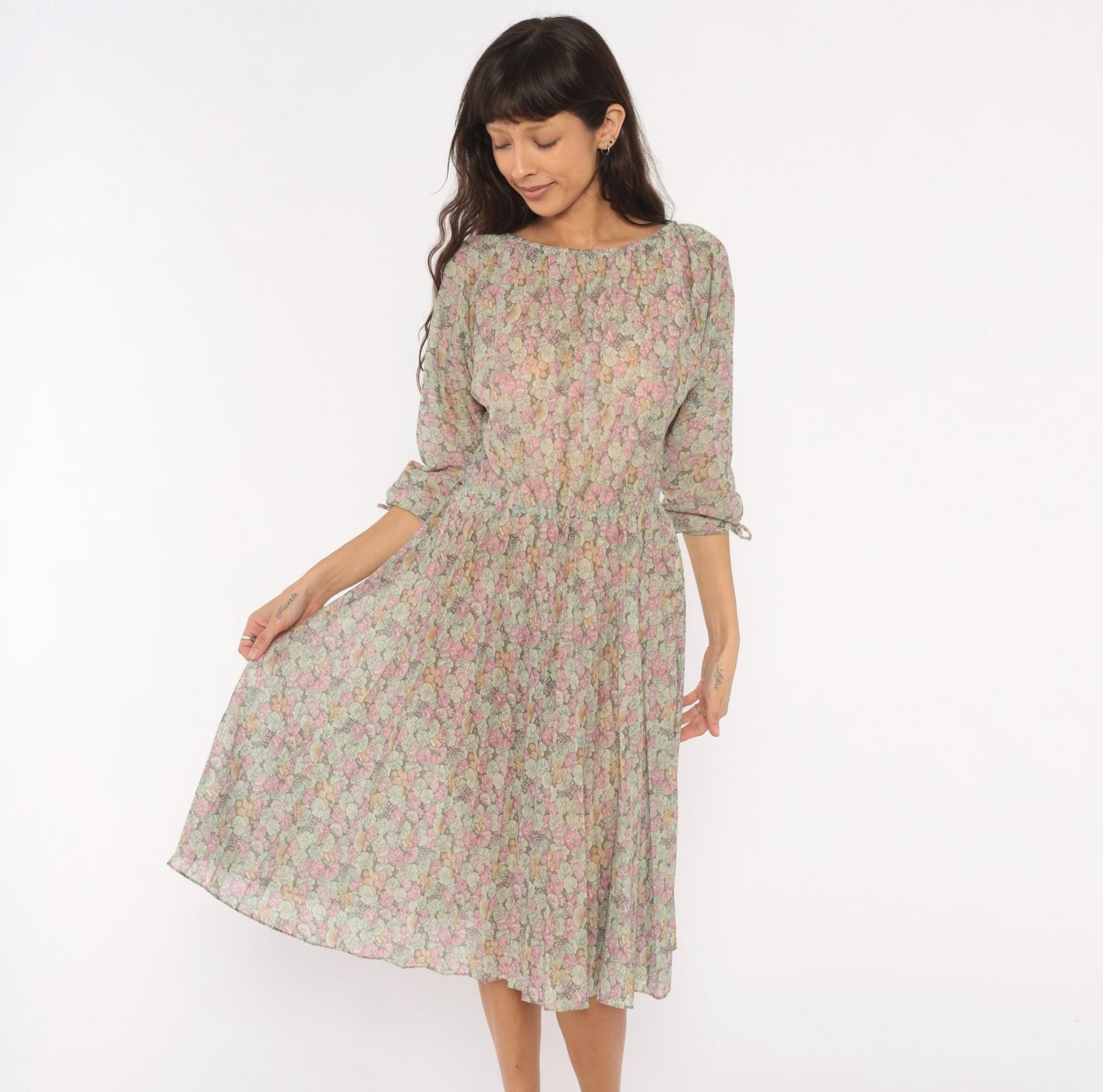 70s Bleeker Petites Floral Blouson Dress Pink Sage Green Tie Sleeve Small Medium