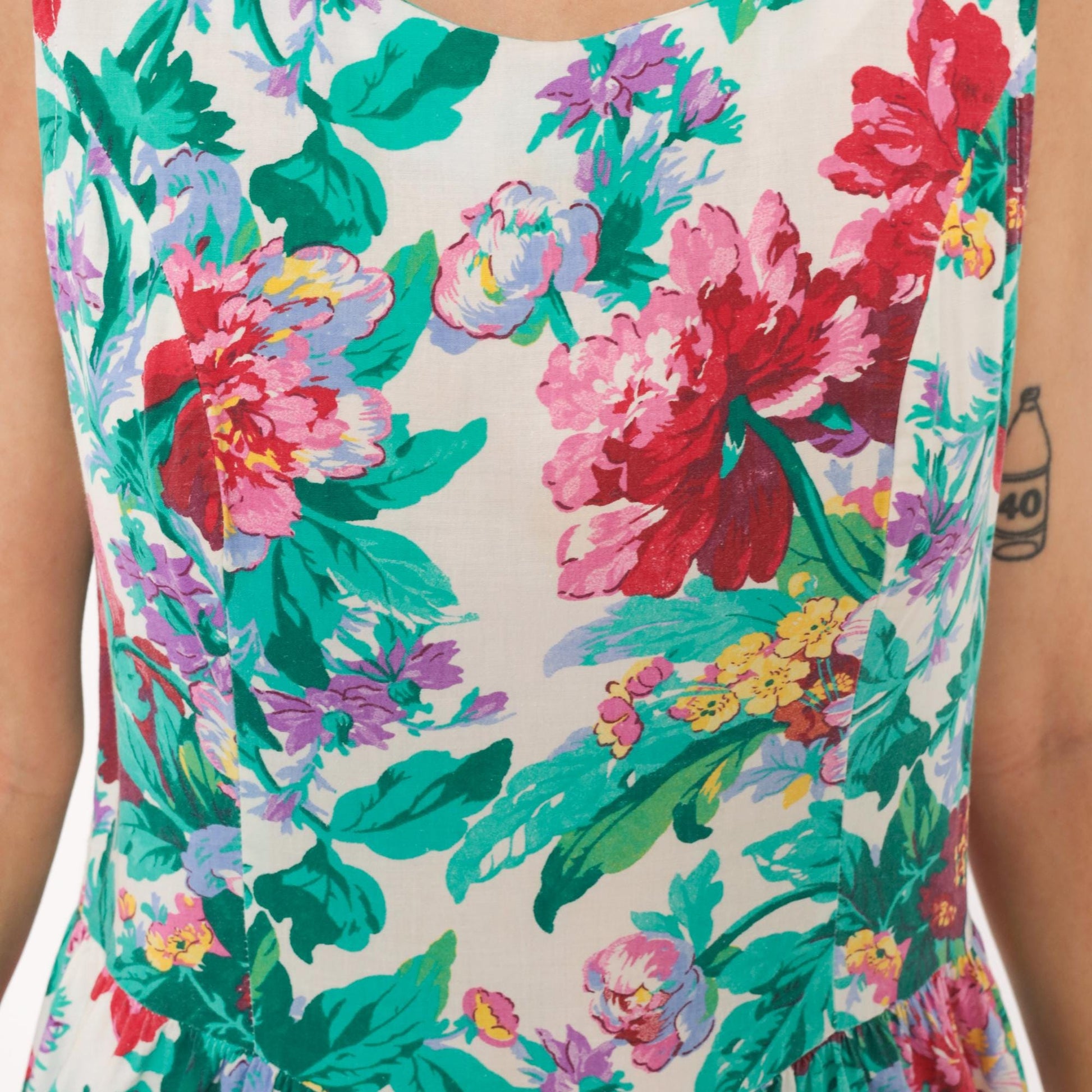 90s Brittany Nicole Floral Midi Sundress Cotton Peony Print Cream Large Petite