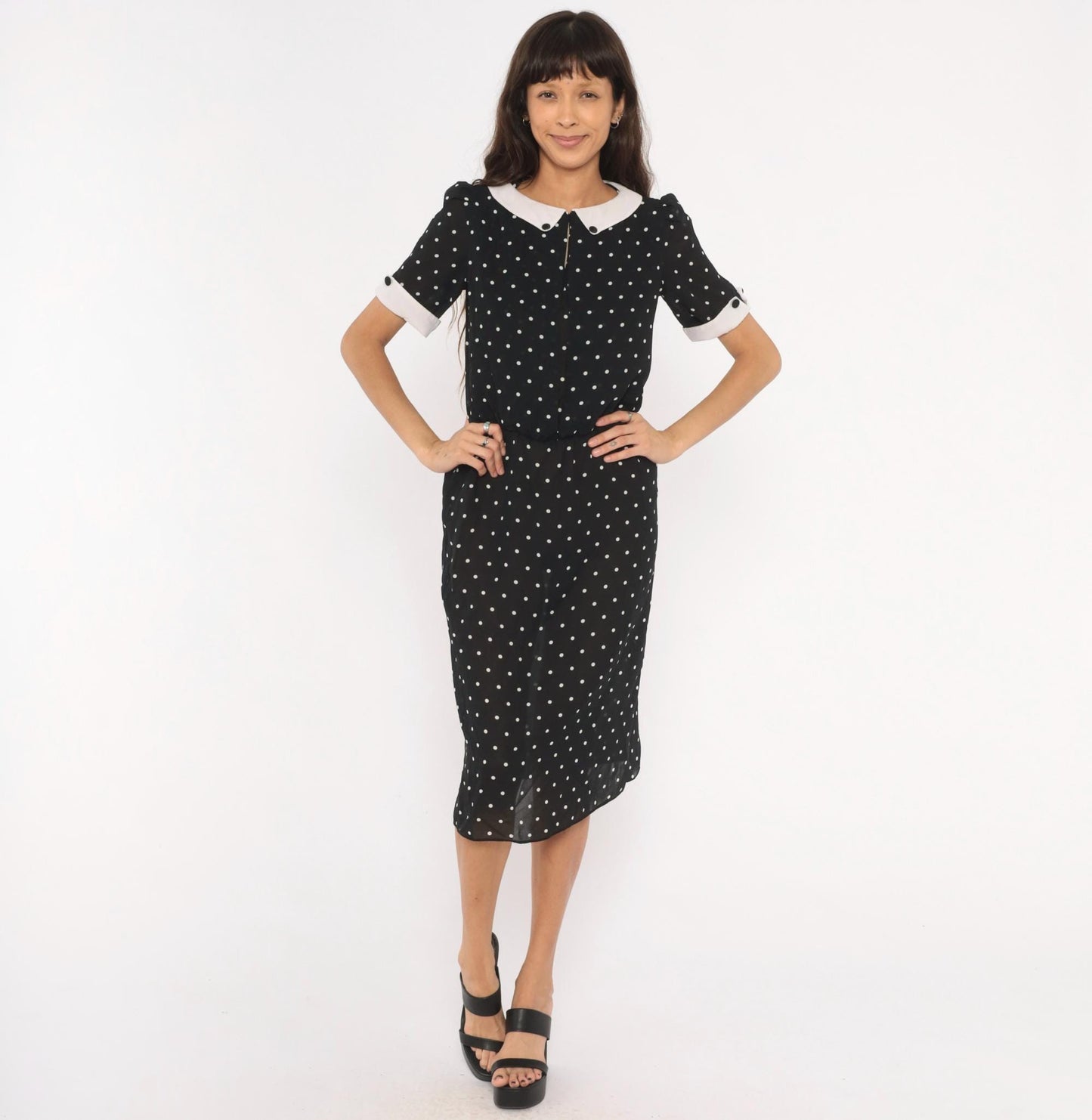 90s Farouche Black White Polka Dot Midi Dress Peter Pan Collar Small